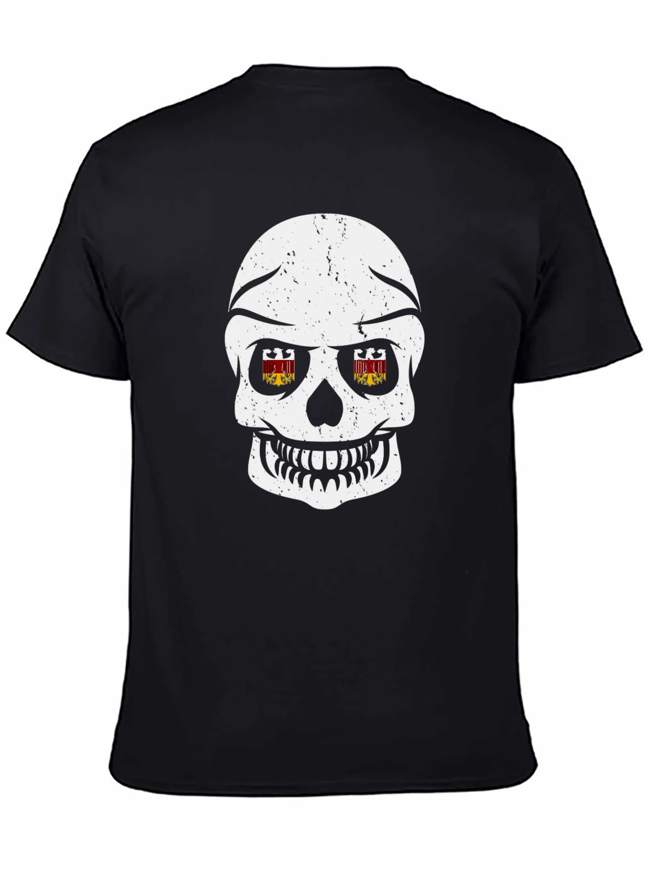 Camiseta Negra con Calavera y Escudos en Ojos