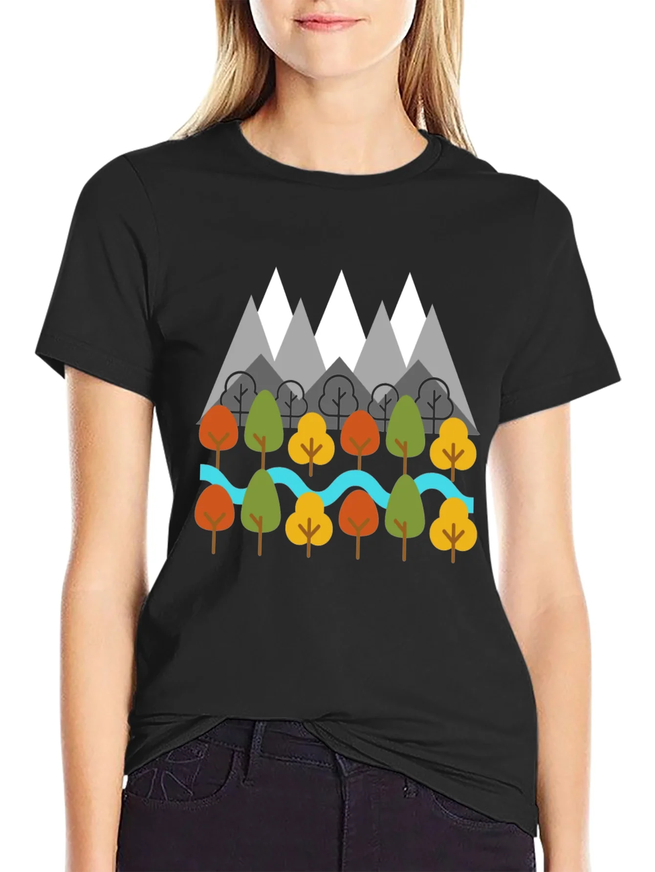Rebbecca Nature Graphic T-Shirt - Mountains Trees River Design