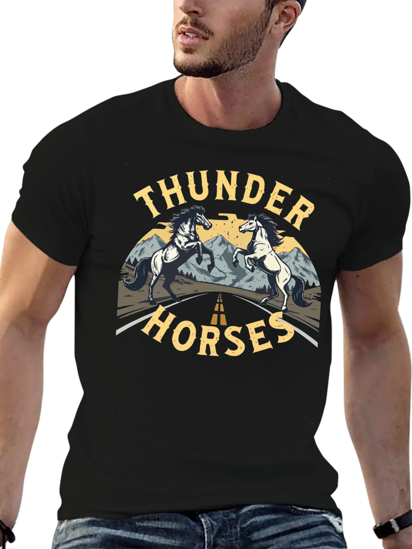 Camiseta Negra Thunder Horses Estampada para Hombre