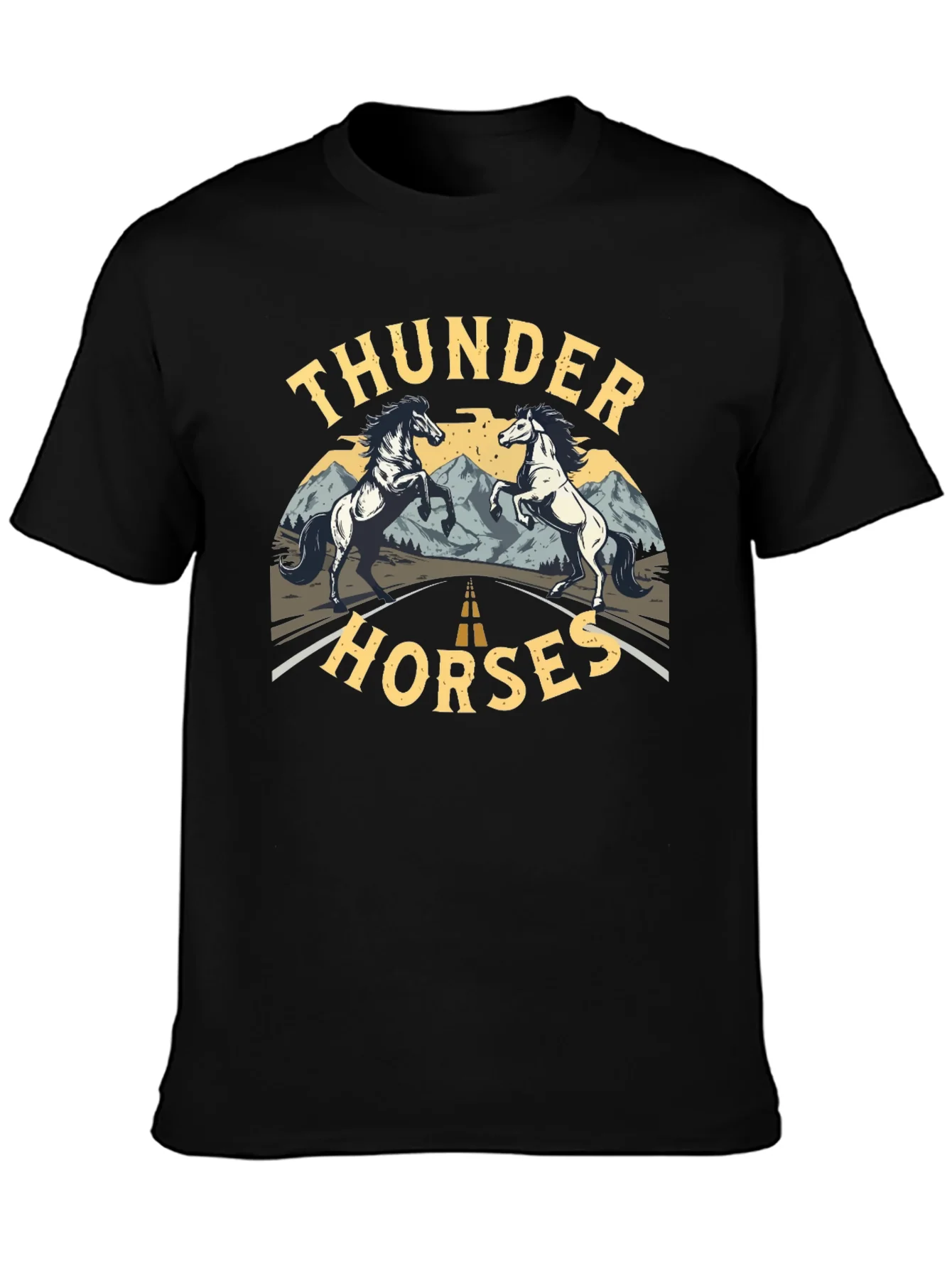 Camiseta Negra Thunder Horses Estampada para Hombre