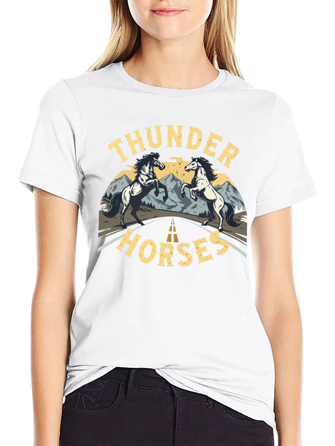 Camiseta Negra Thunder Horses Estampada para Hombre