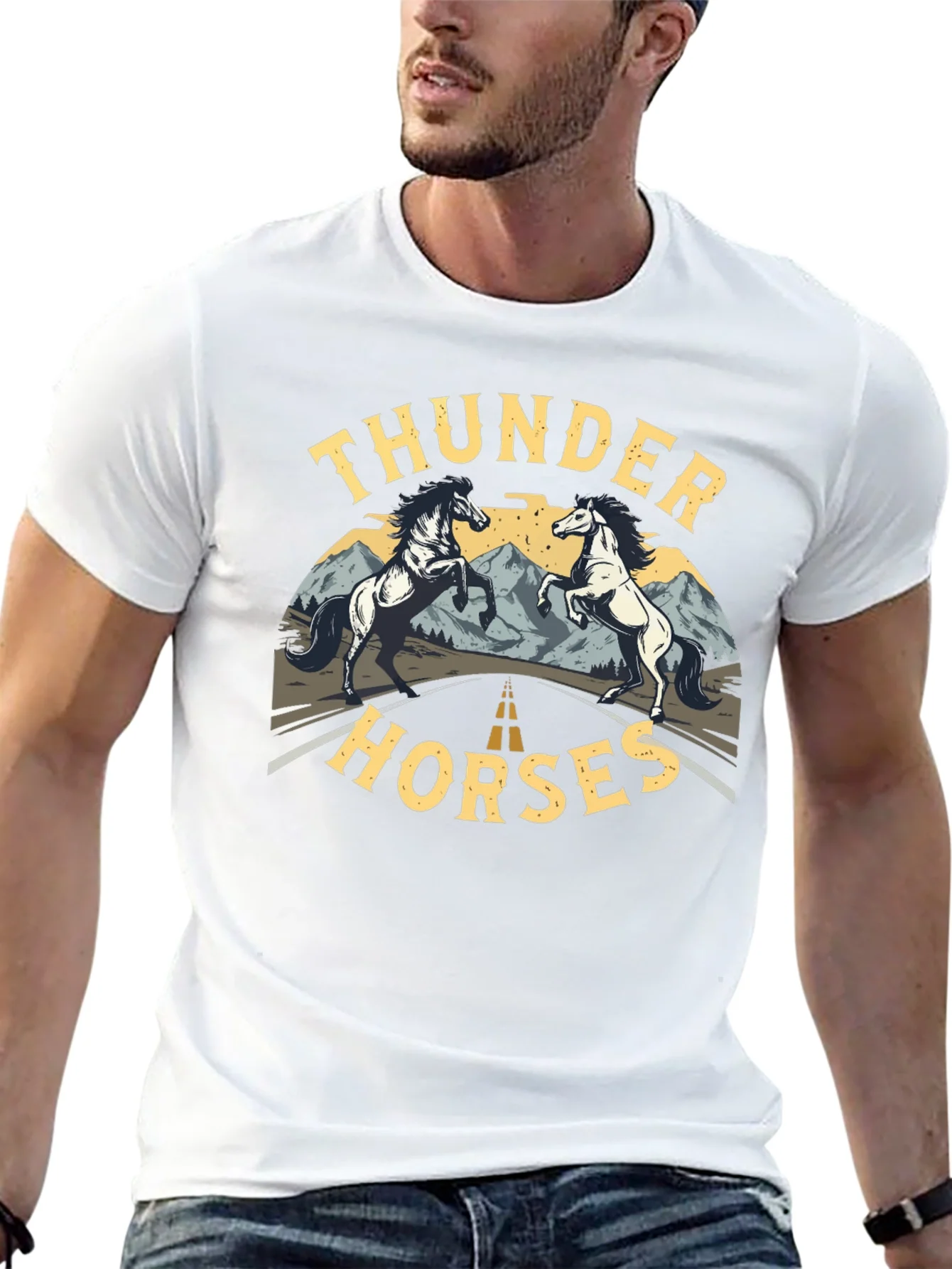 Camiseta Negra Thunder Horses Estampada para Hombre
