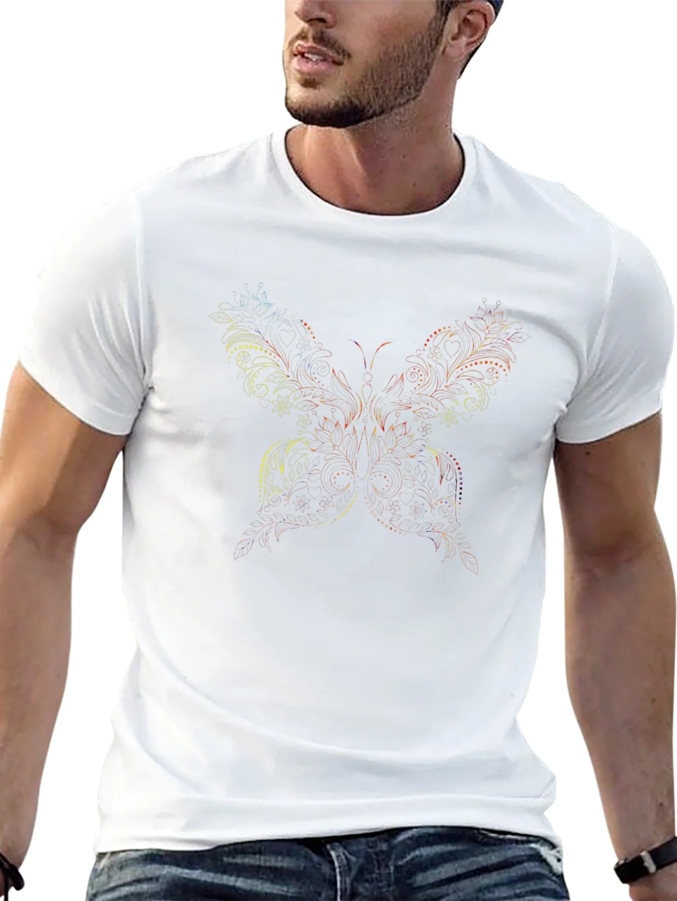 Camiseta Negra Estampado Mariposa Floral Hombre