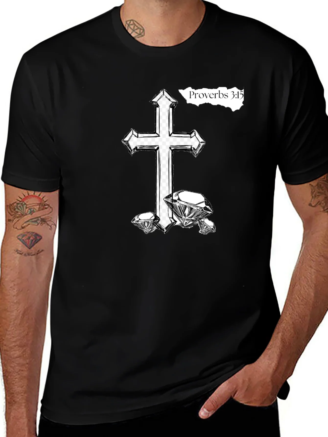 Rebbecca Cross & Diamonds Black T-Shirt - Proverbs 3:15