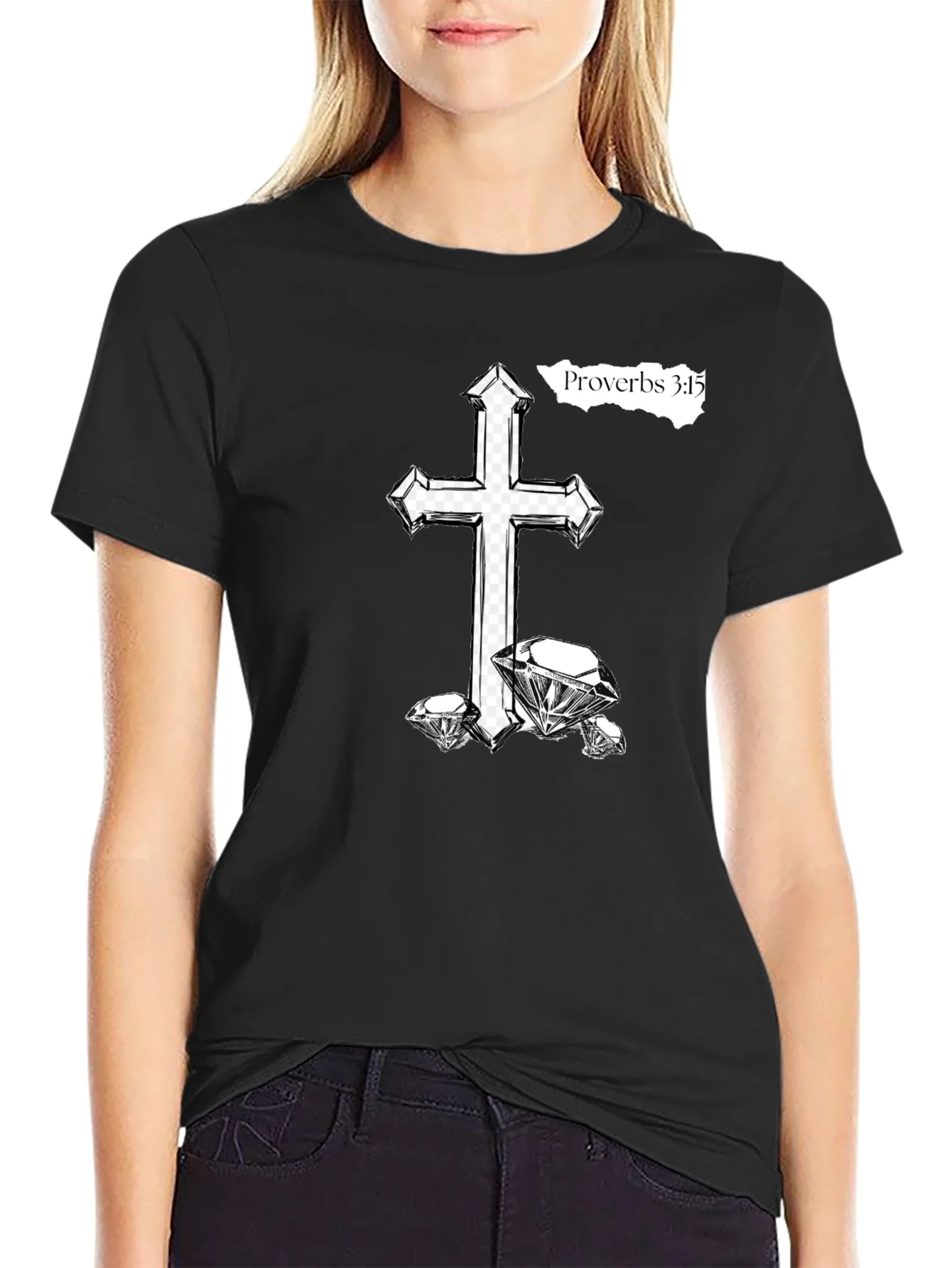 Rebbecca Cross & Diamonds Black T-Shirt - Proverbs 3:15