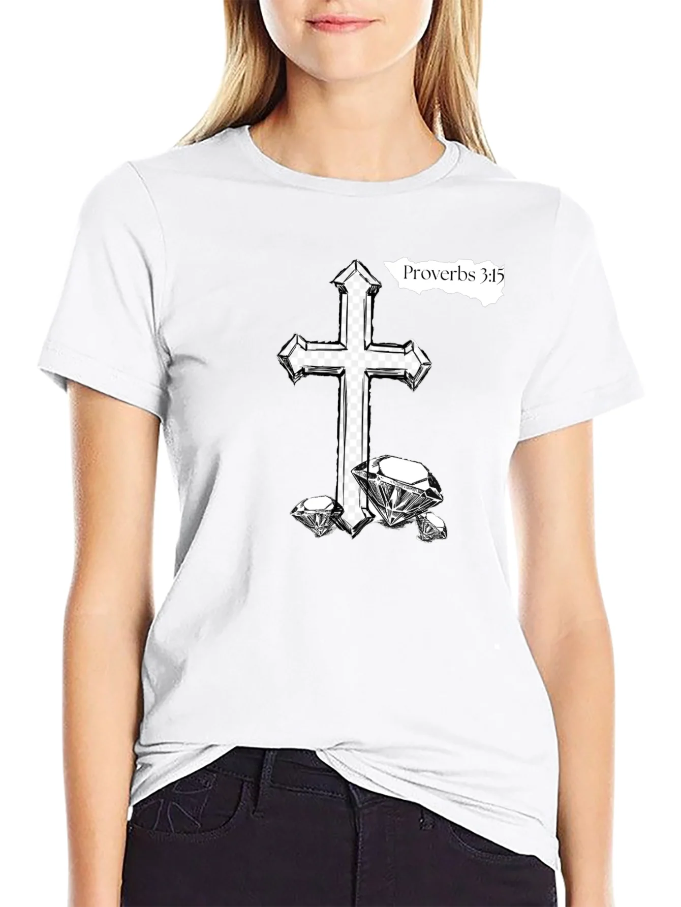 Rebbecca Cross & Diamonds Black T-Shirt - Proverbs 3:15