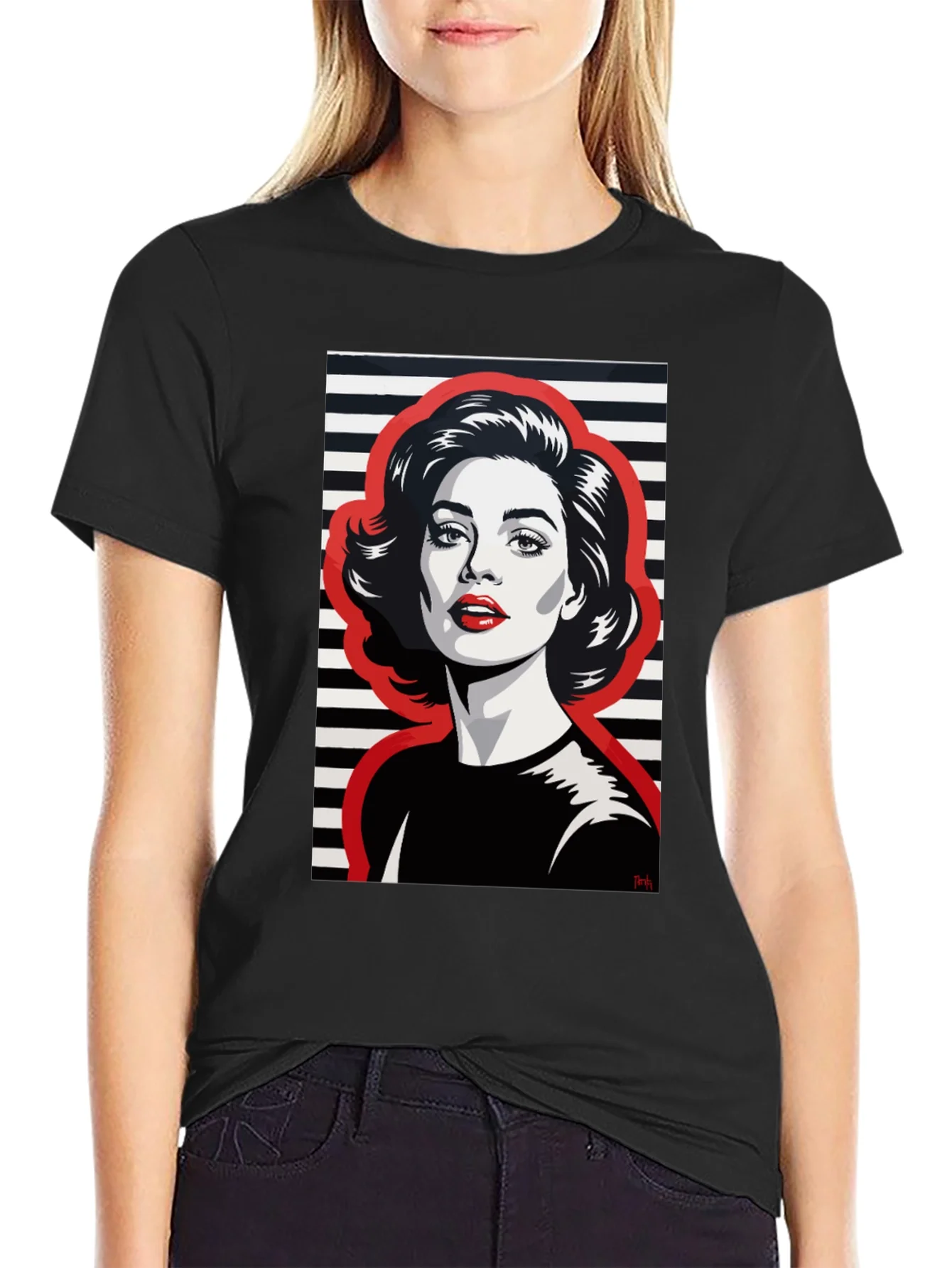 Camiseta Negra con Estampado Pop Art Mujer