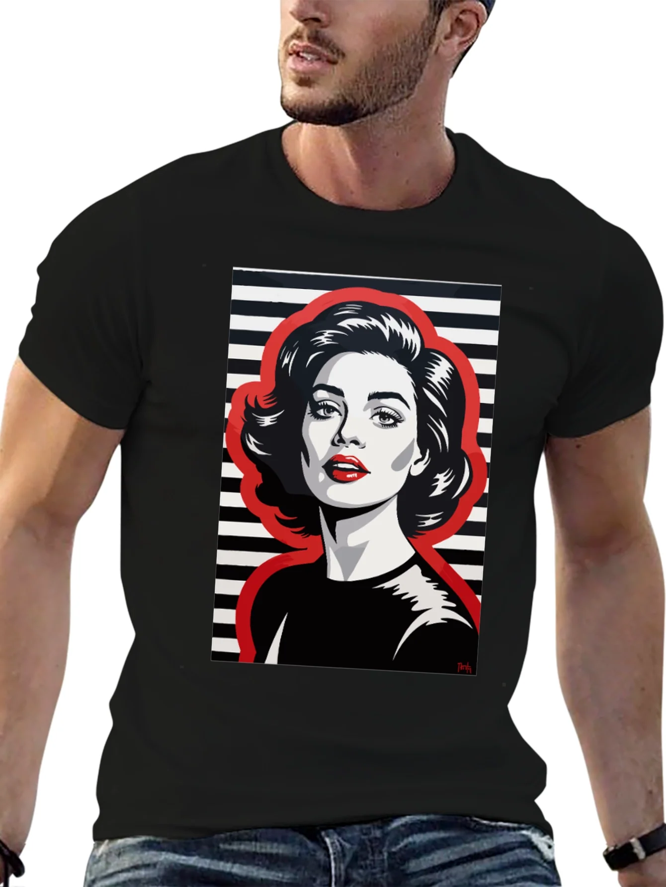 Camiseta Negra con Estampado Pop Art Mujer
