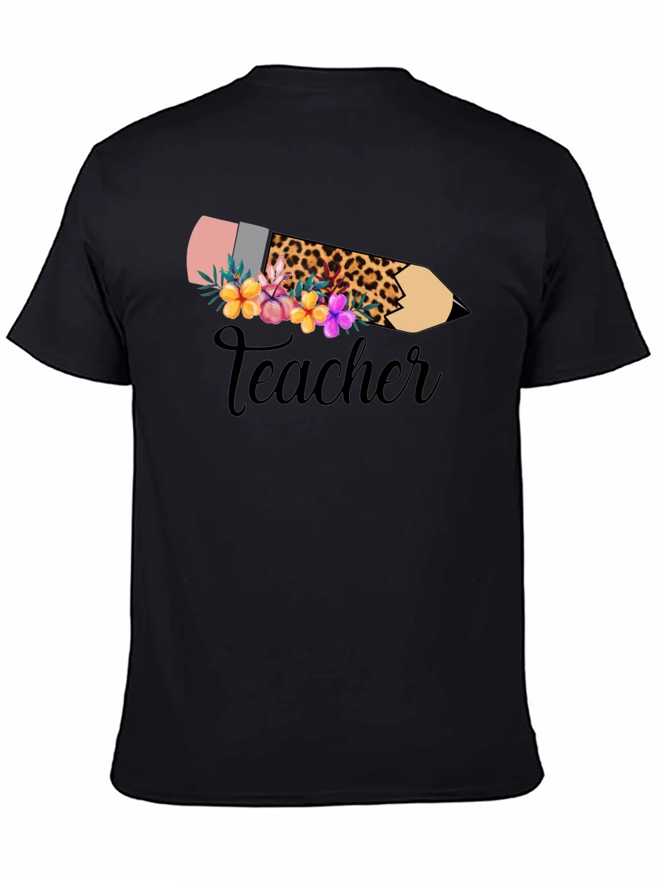 Camiseta Negra Teacher Floral y Leopardo
