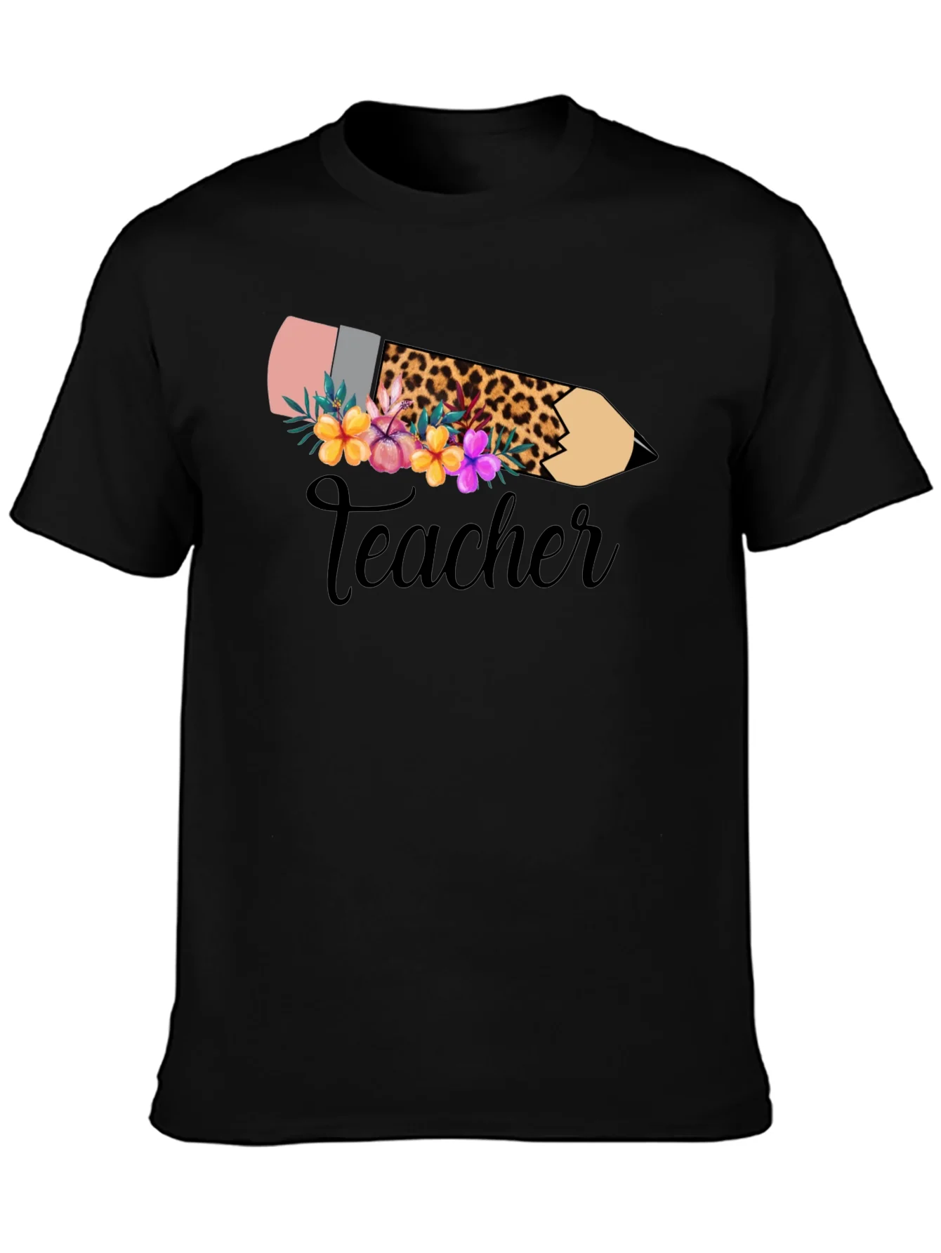Camiseta Negra Teacher Floral y Leopardo