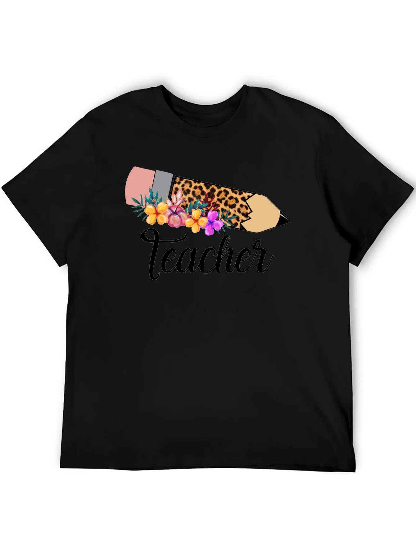 Camiseta Negra Teacher Floral y Leopardo