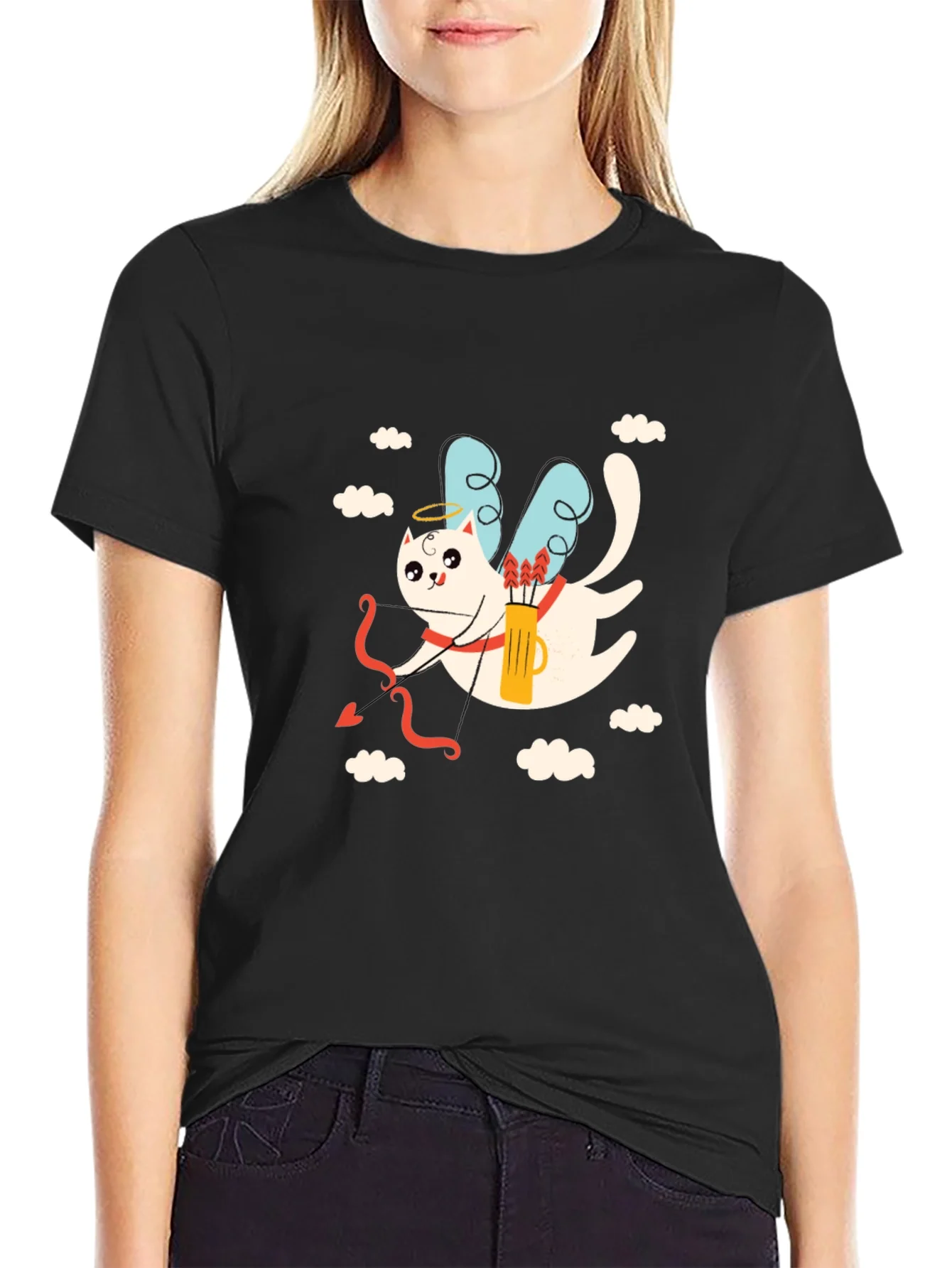 Camiseta Negra con Dise?o de Cupido Gatuno