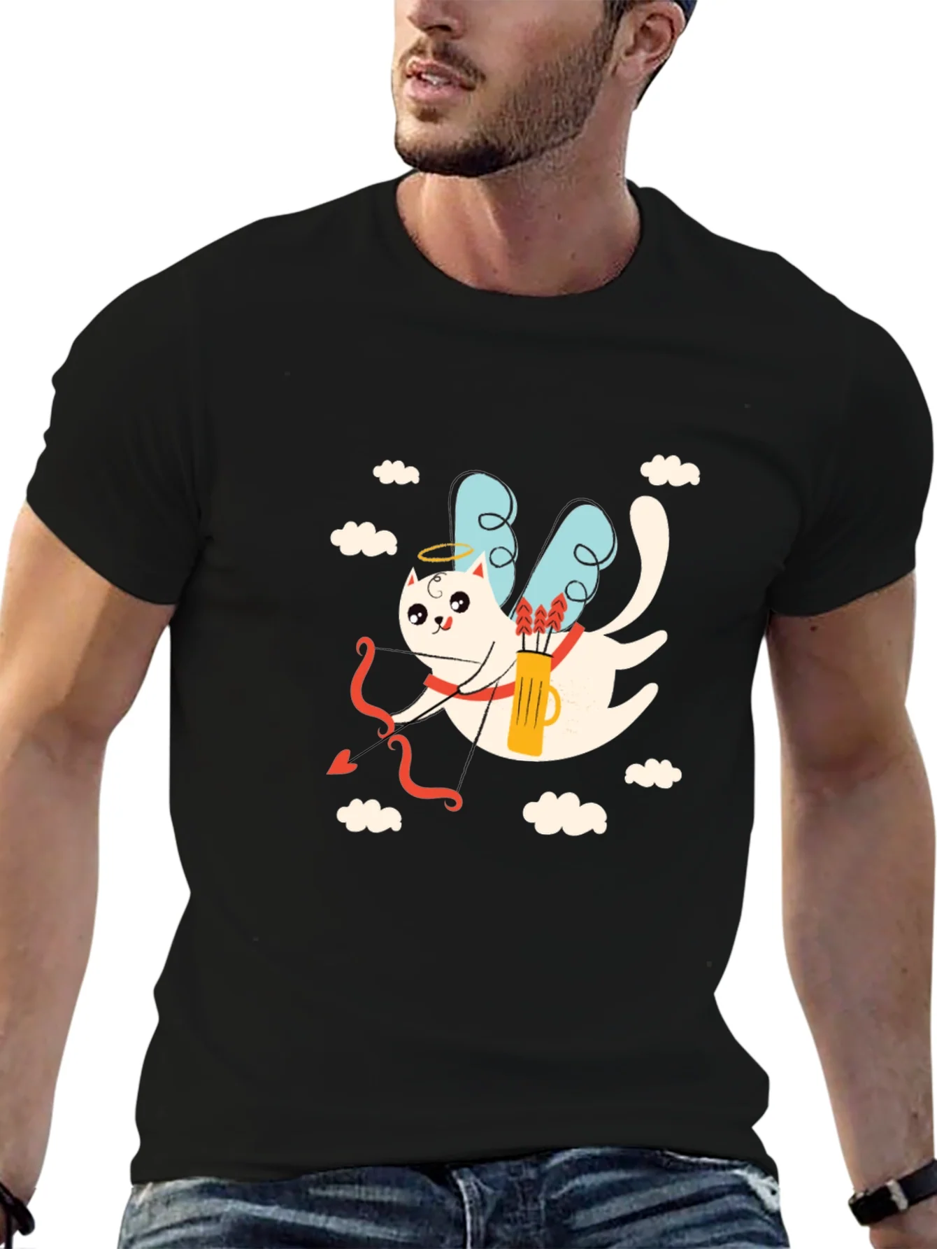 Camiseta Negra con Dise?o de Cupido Gatuno