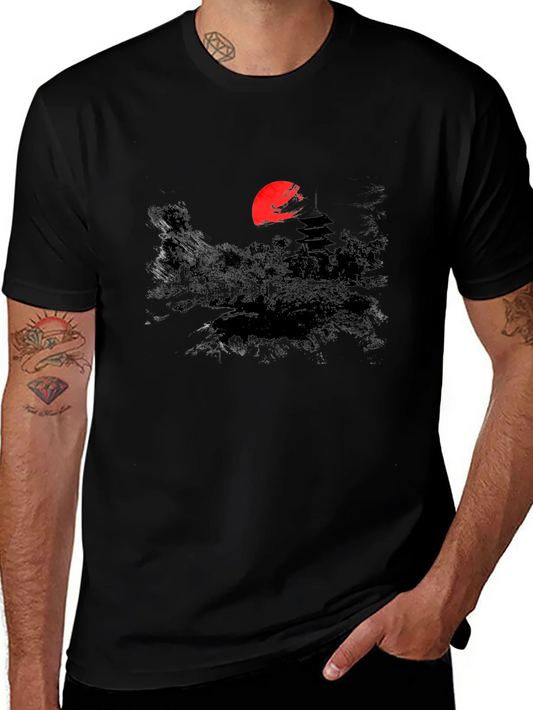 Rebbecca Japanese Sunset Graphic Tee - Black Cotton T-Shirt