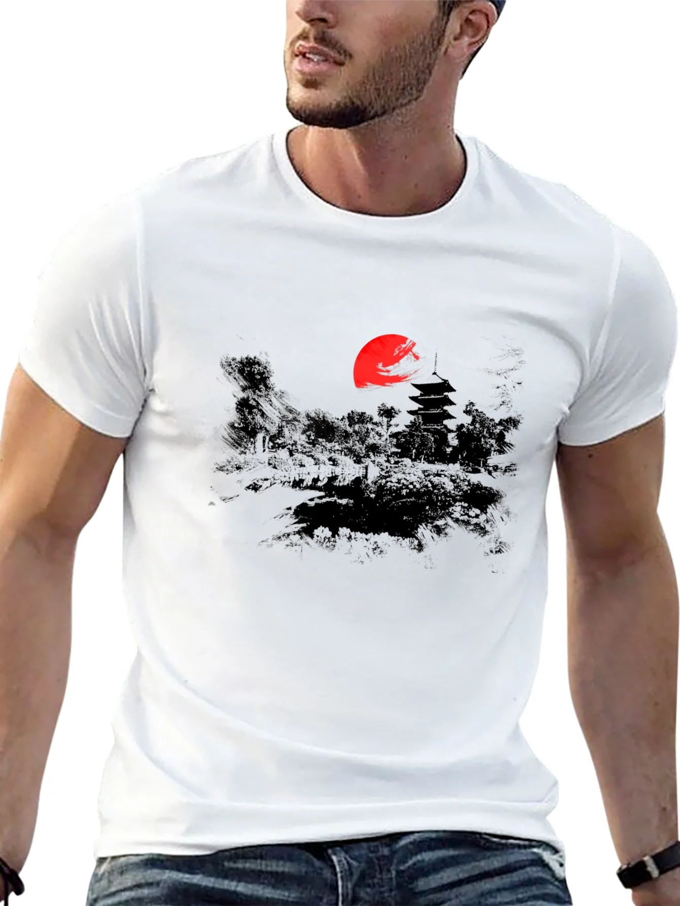 Rebbecca Japanese Sunset Graphic Tee - Black Cotton T-Shirt