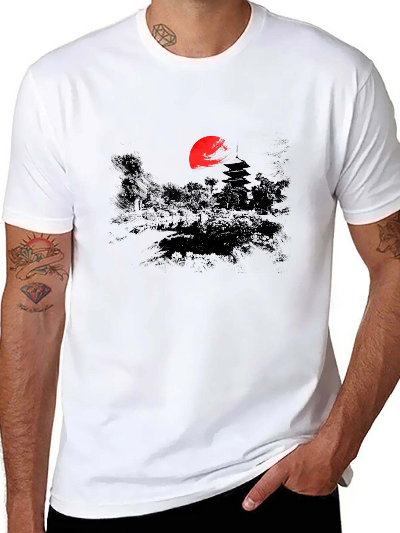 Rebbecca Japanese Sunset Graphic Tee - Black Cotton T-Shirt