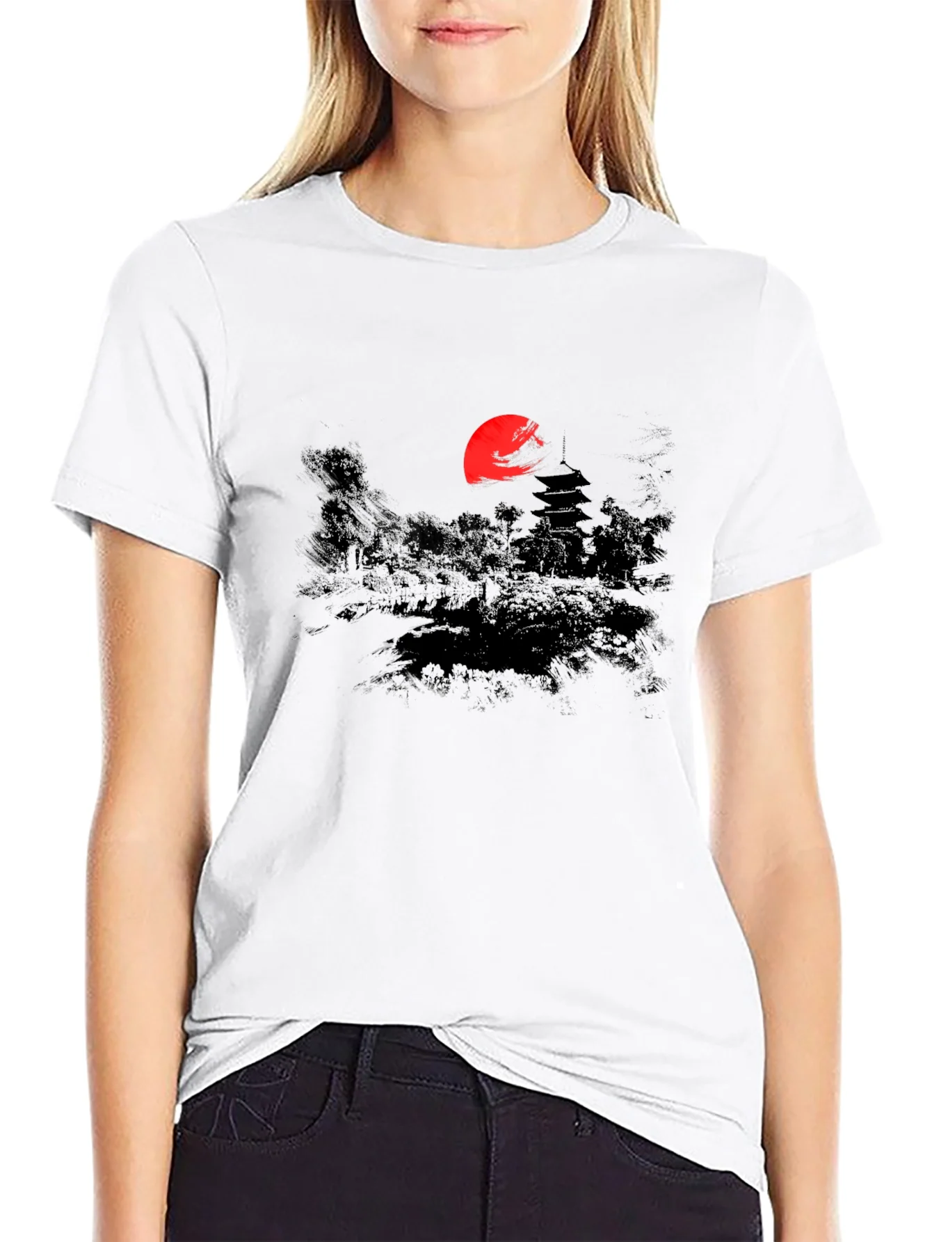 Rebbecca Japanese Sunset Graphic Tee - Black Cotton T-Shirt