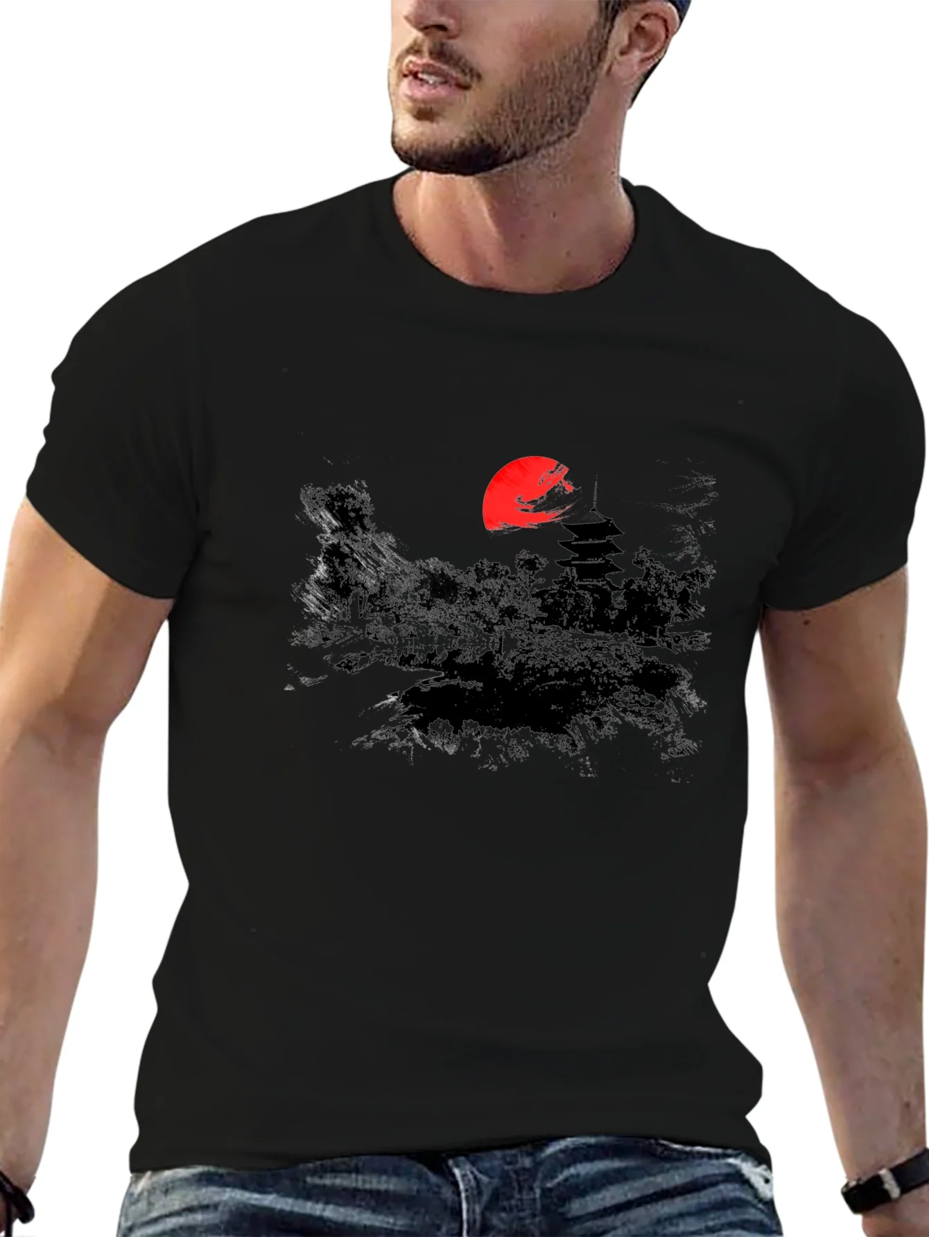 Rebbecca Japanese Sunset Graphic Tee - Black Cotton T-Shirt