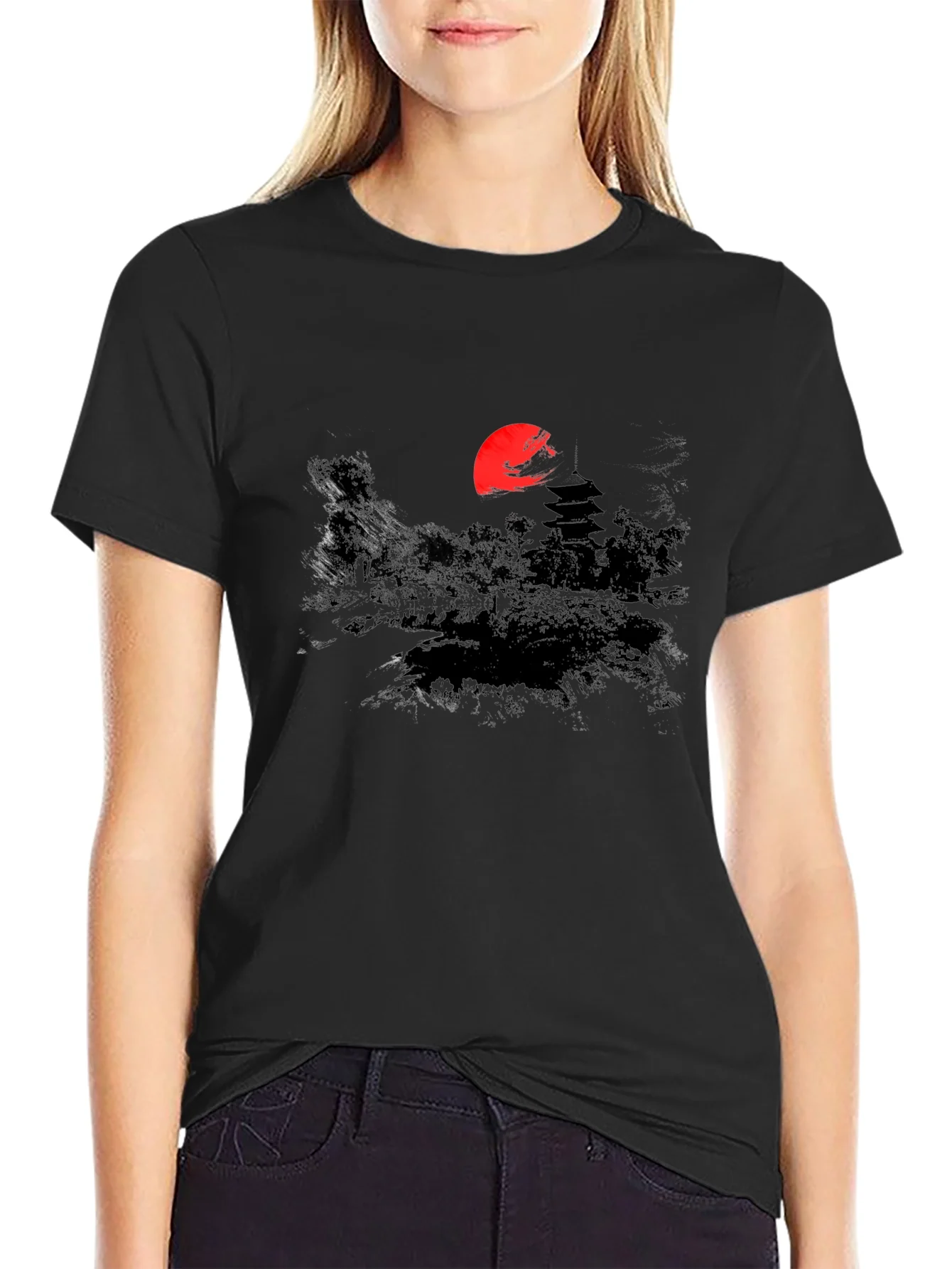 Rebbecca Japanese Sunset Graphic Tee - Black Cotton T-Shirt