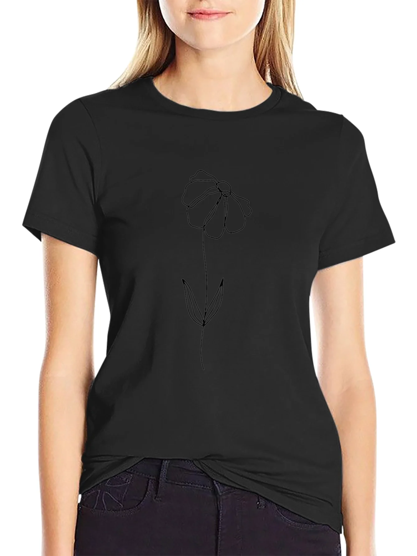 Rebbecca Minimalist Flower Graphic Black T-Shirt
