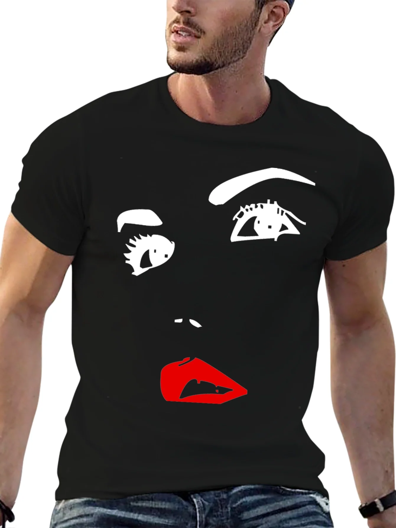 Camiseta Negra con Dise?o Abstracto de Rostro Femenino