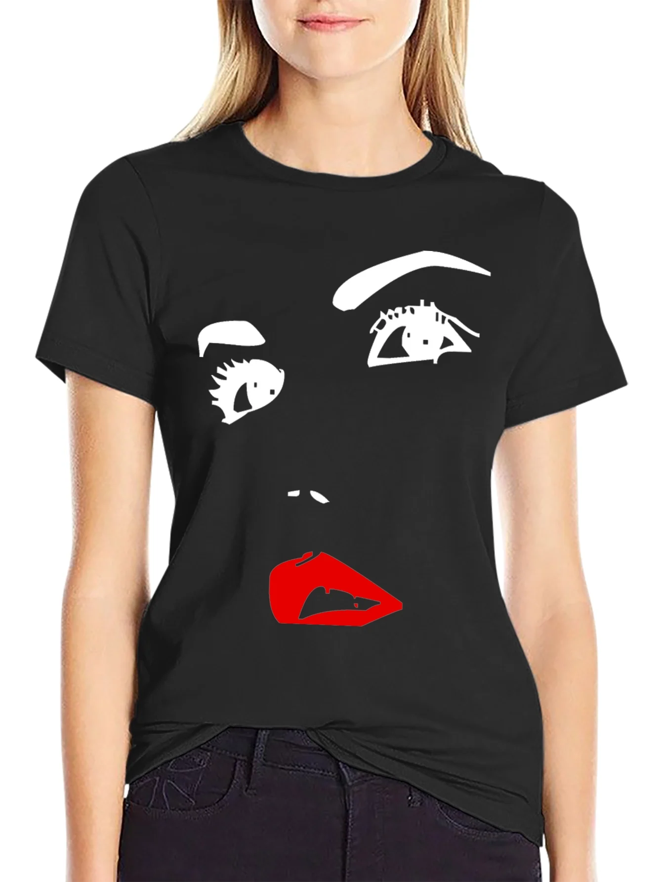 Camiseta Negra con Dise?o Abstracto de Rostro Femenino