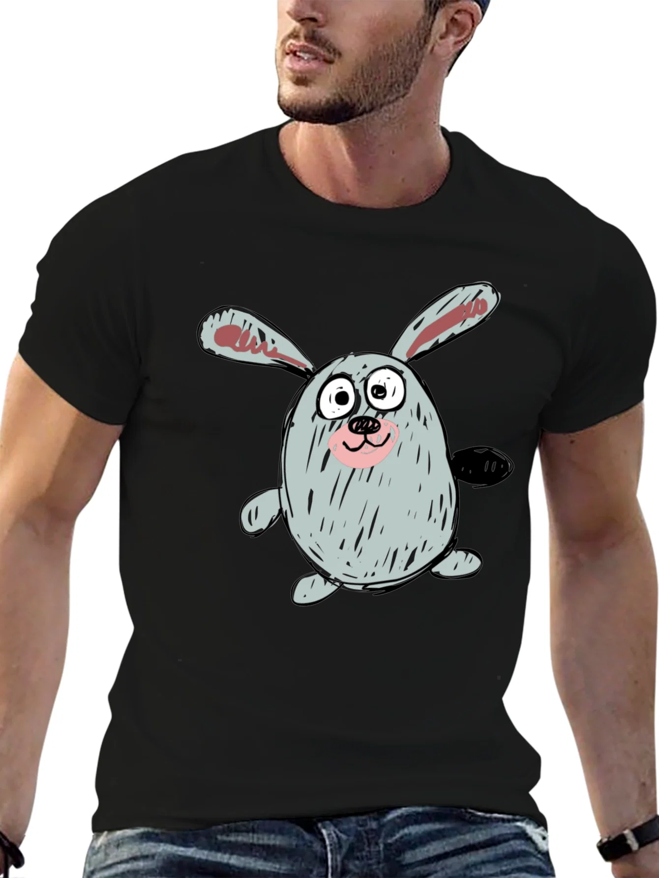 Rebbecca Cartoon Bunny Graphic Tee - Casual Black T-Shirt