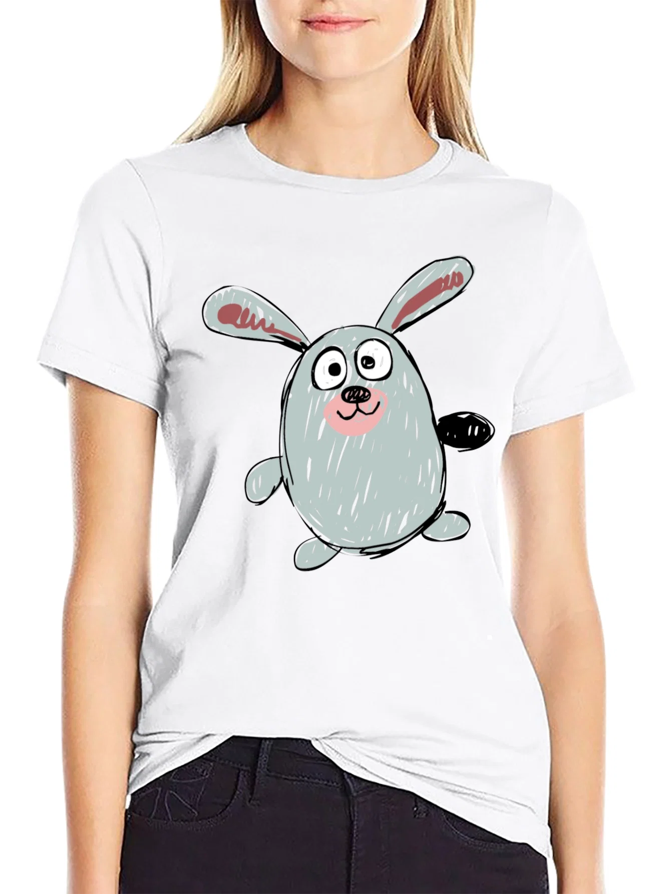 Rebbecca Cartoon Bunny Graphic Tee - Casual Black T-Shirt