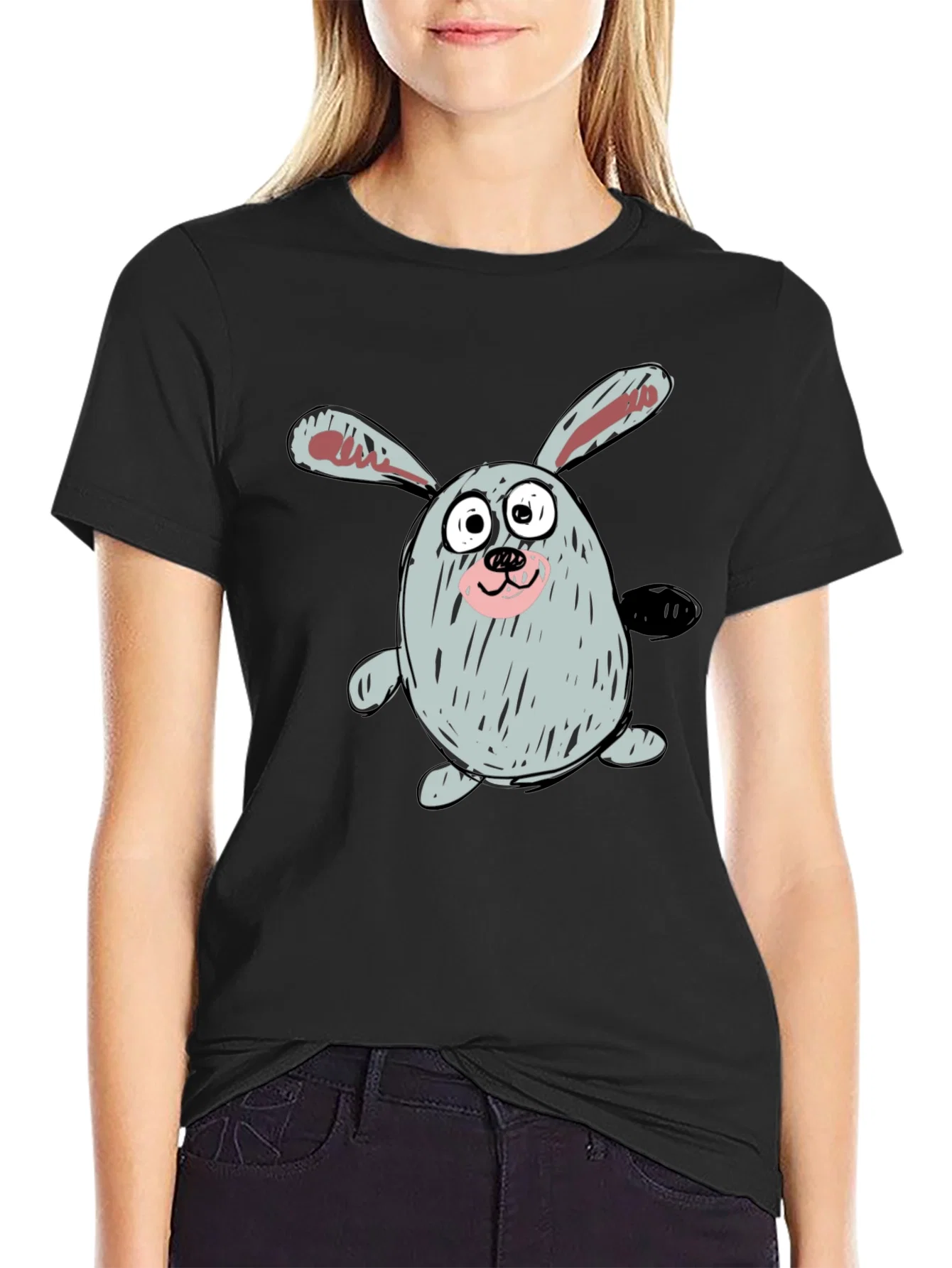 Rebbecca Cartoon Bunny Graphic Tee - Casual Black T-Shirt
