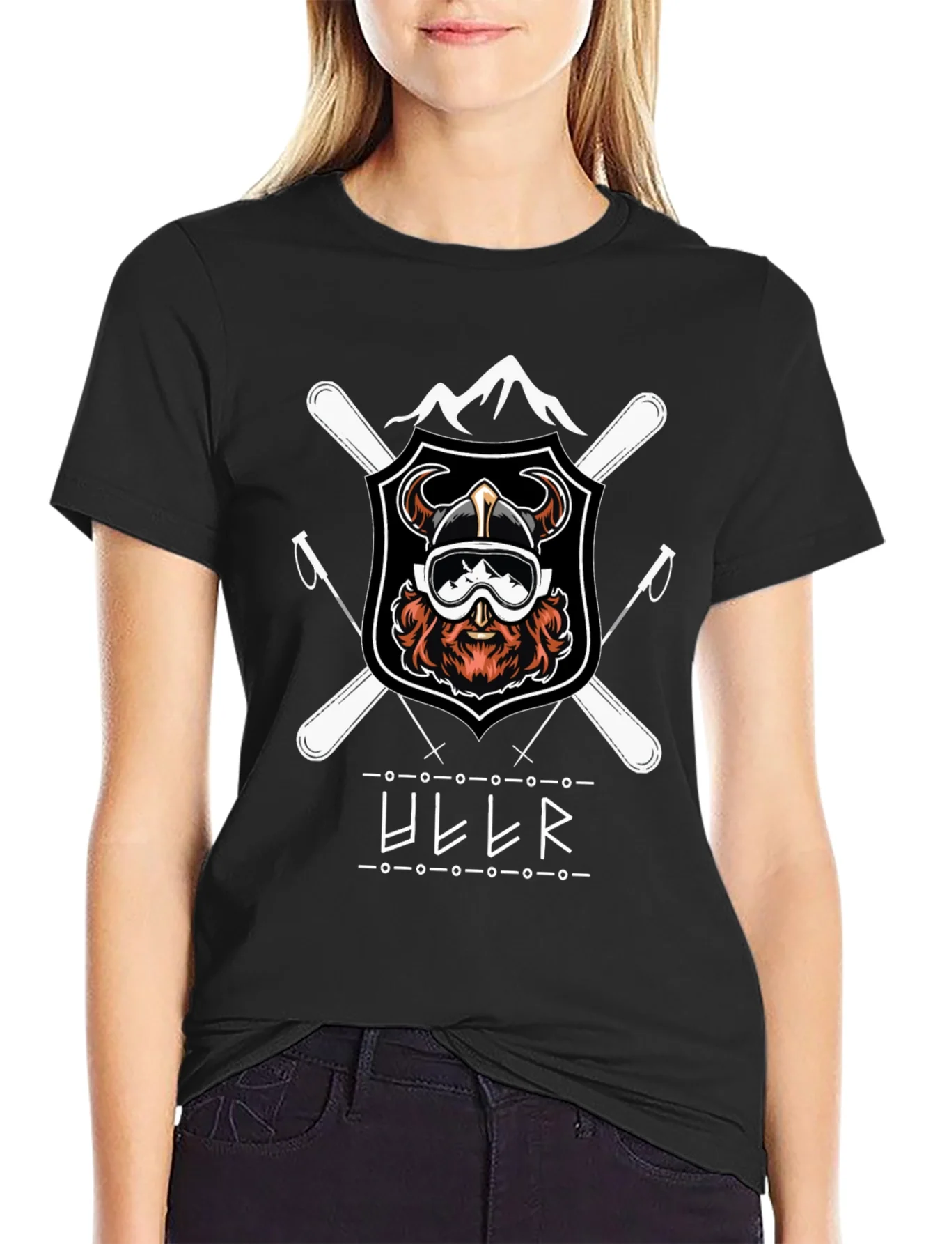 Camiseta Negra con Dise?o de Esqu¨ª Vikingo Ullr