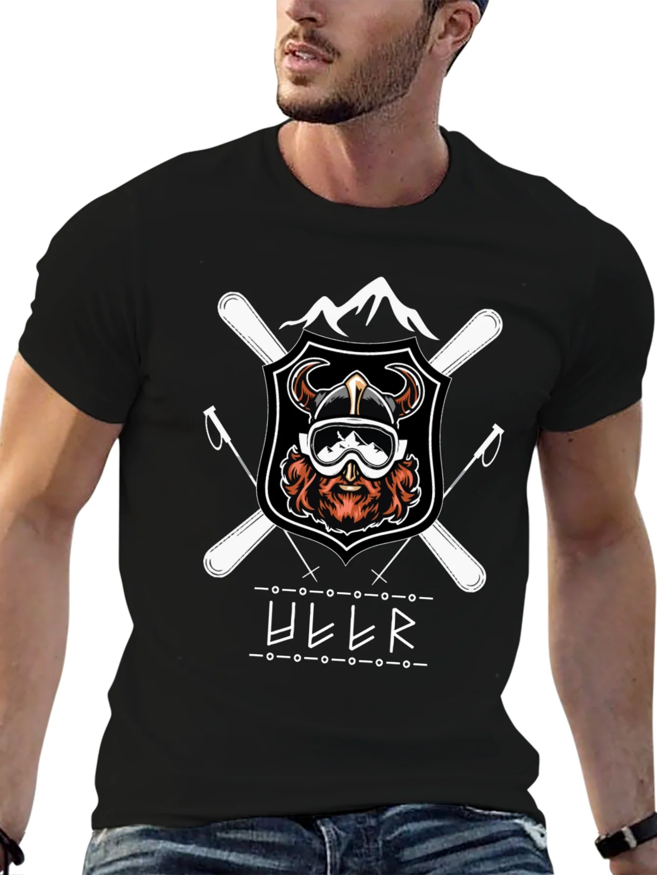 Camiseta Negra con Dise?o de Esqu¨ª Vikingo Ullr