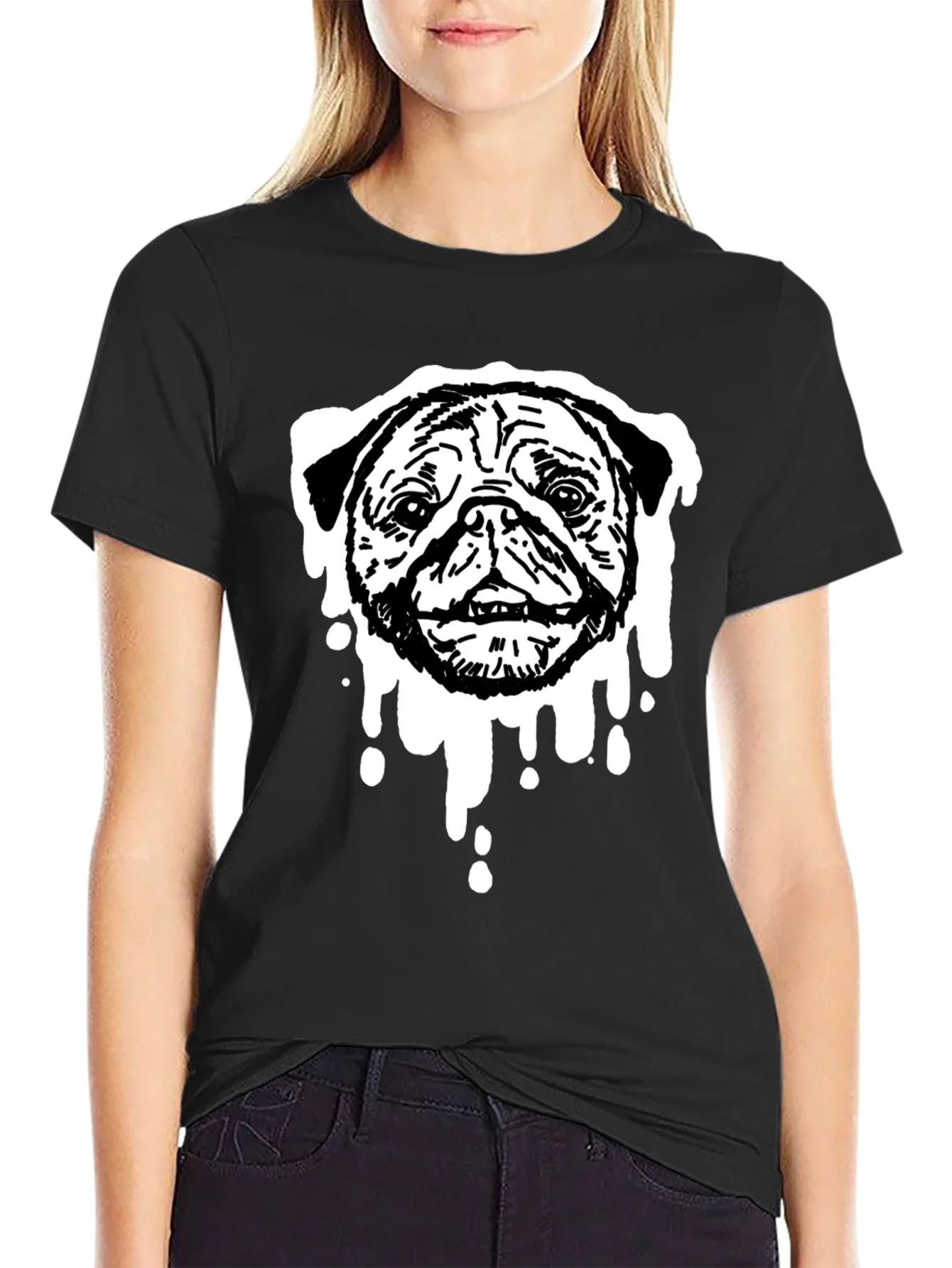 Rebbecca Pug Drip Graphic Tee - Black Cotton Blend