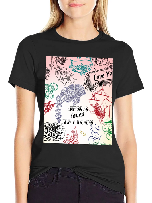 Rebbecca Jesus Loves Tattoos Graphic Tee - Black Cotton Shirt