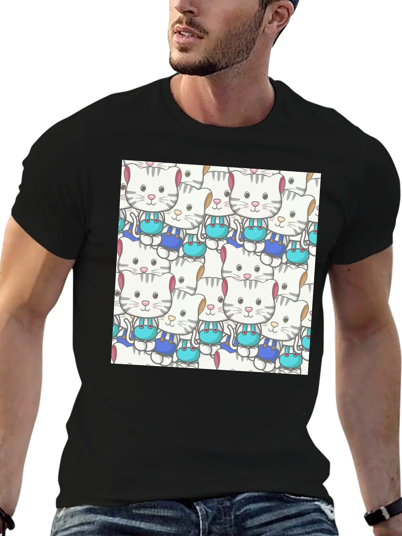 Rebbecca Cute Cats Pattern Black T-Shirt