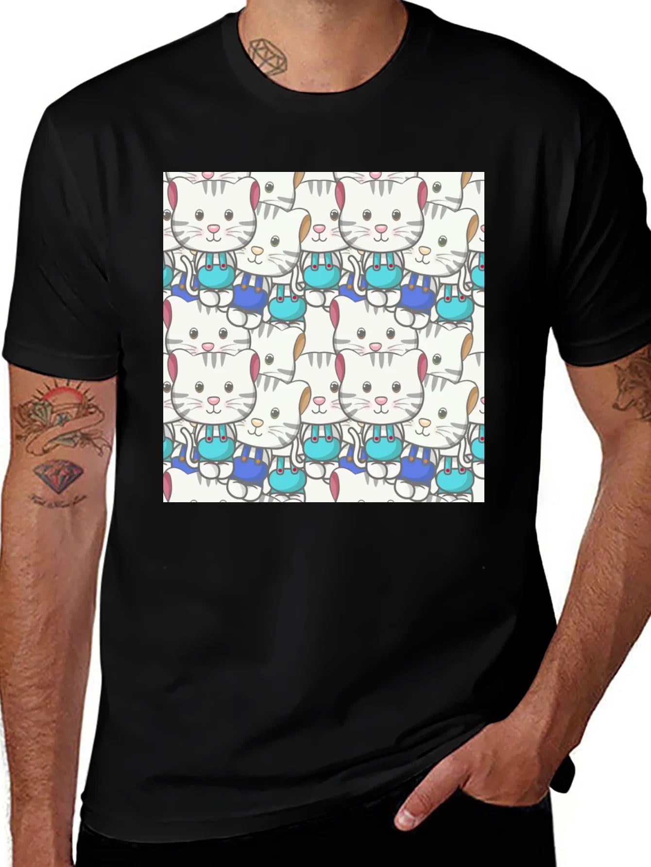 Rebbecca Cute Cats Pattern Black T-Shirt