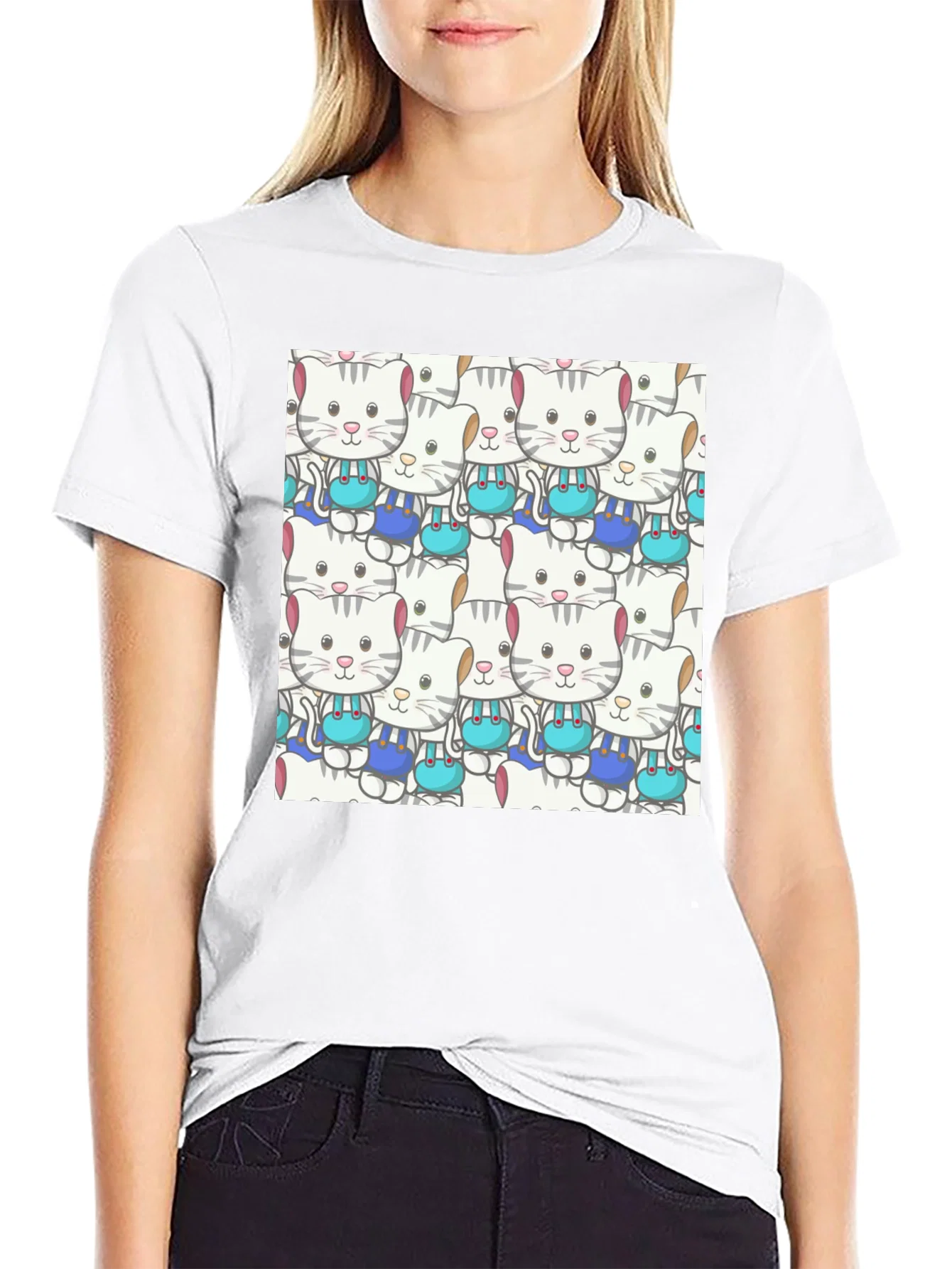 Rebbecca Cute Cats Pattern Black T-Shirt