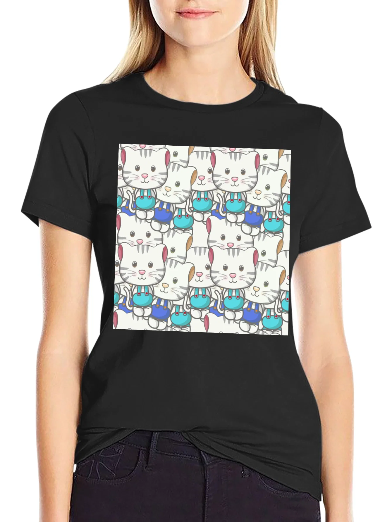 Rebbecca Cute Cats Pattern Black T-Shirt