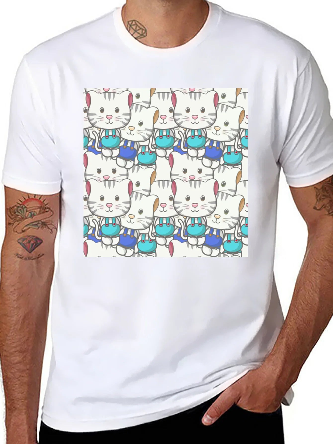 Rebbecca Cute Cats Pattern Black T-Shirt