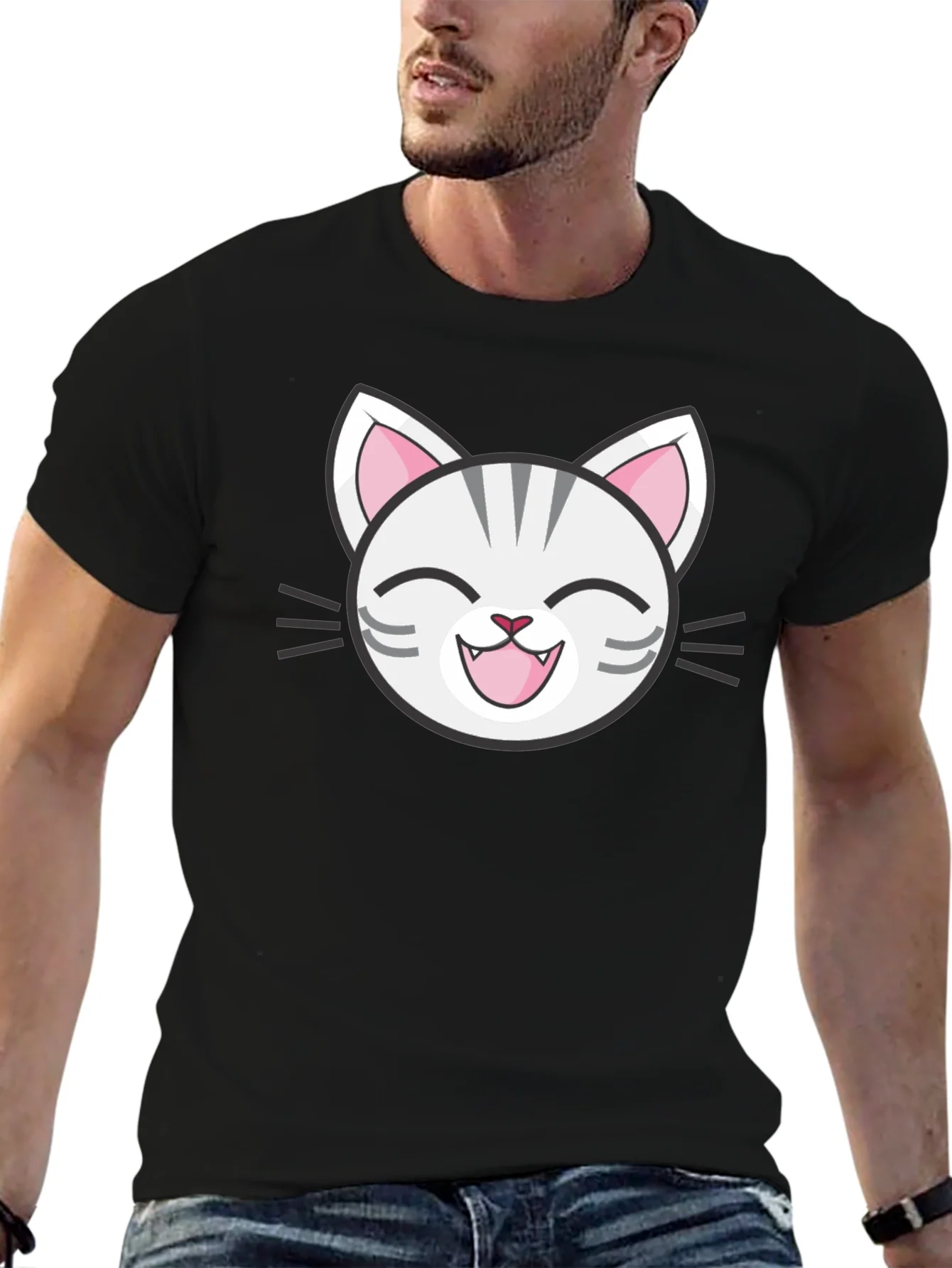Camiseta Negra con Dise?o de Gato Sonriente