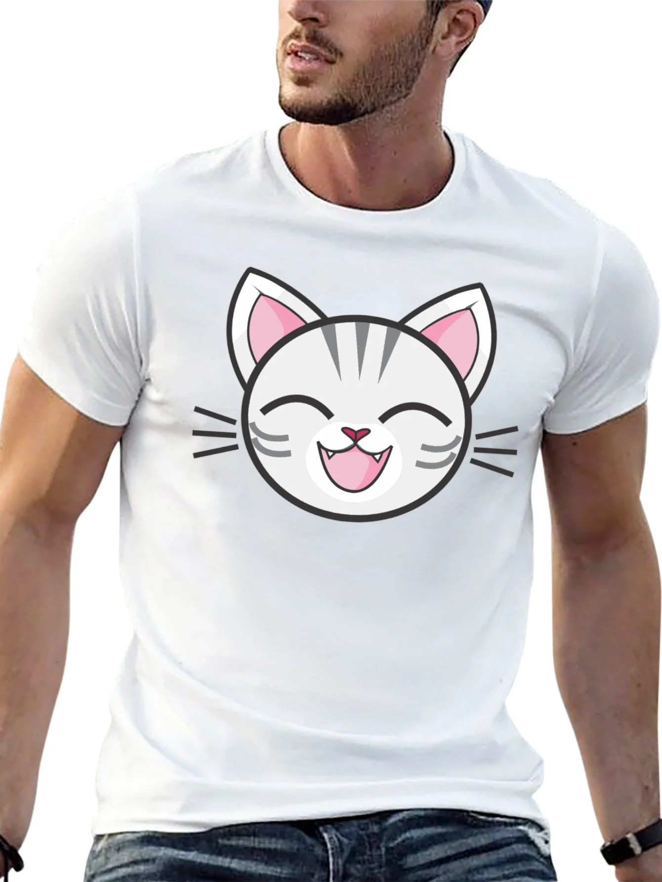 Camiseta Negra con Dise?o de Gato Sonriente