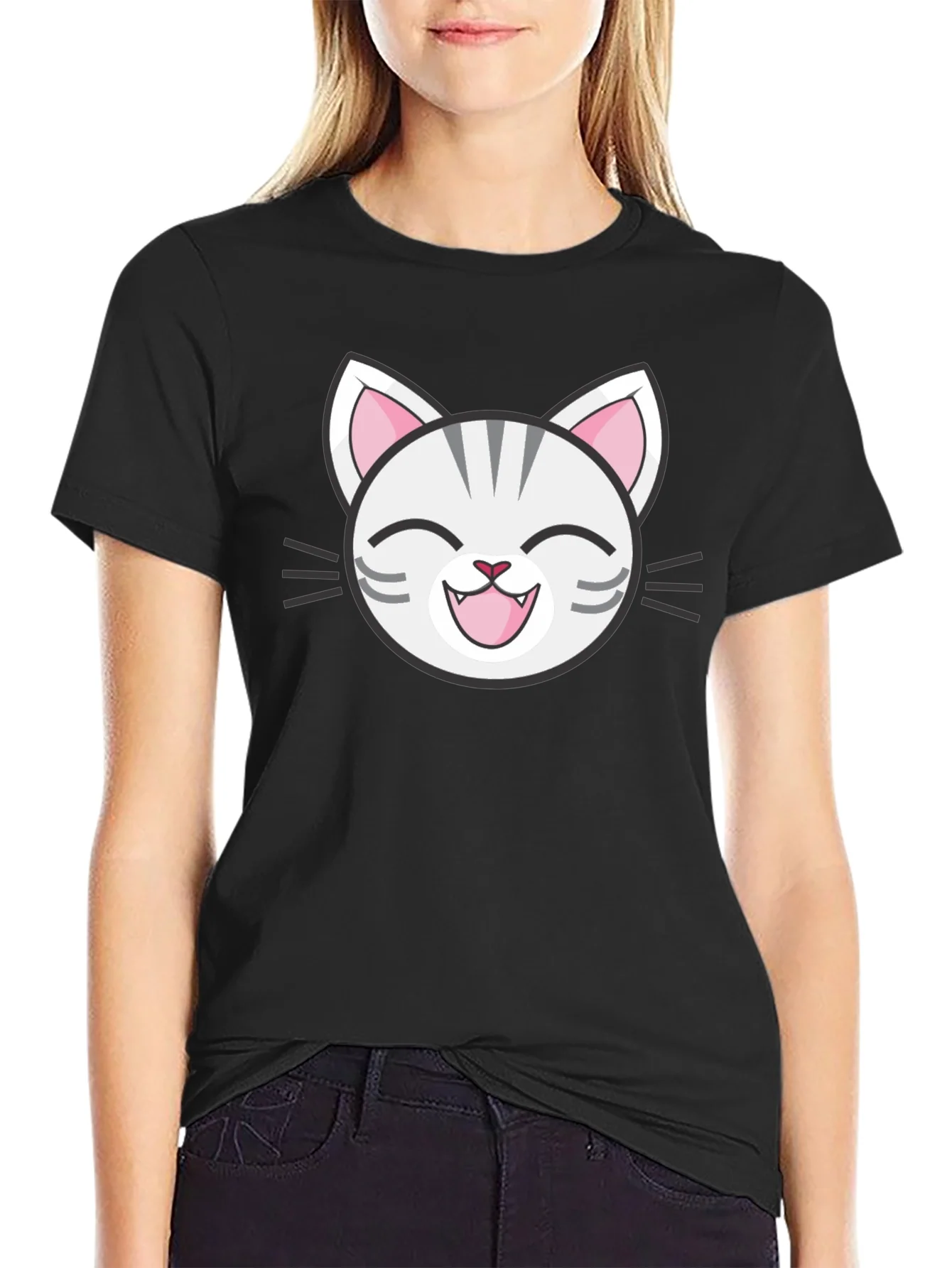 Camiseta Negra con Dise?o de Gato Sonriente