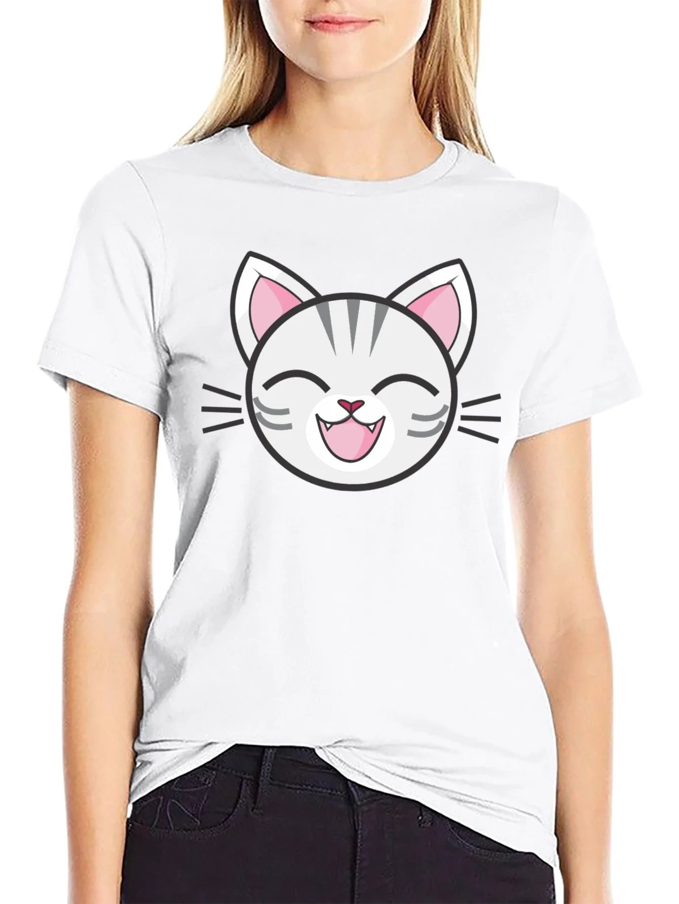 Camiseta Negra con Dise?o de Gato Sonriente