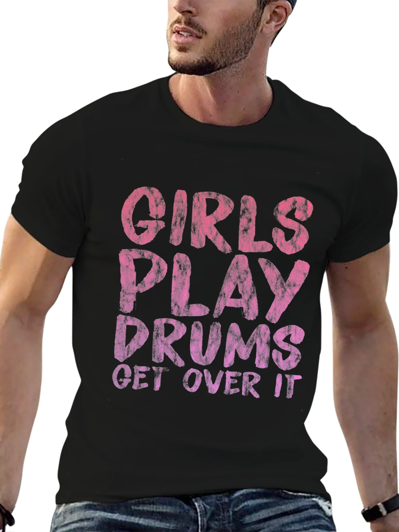 Camiseta Negra con Estampado Girls Play Drums