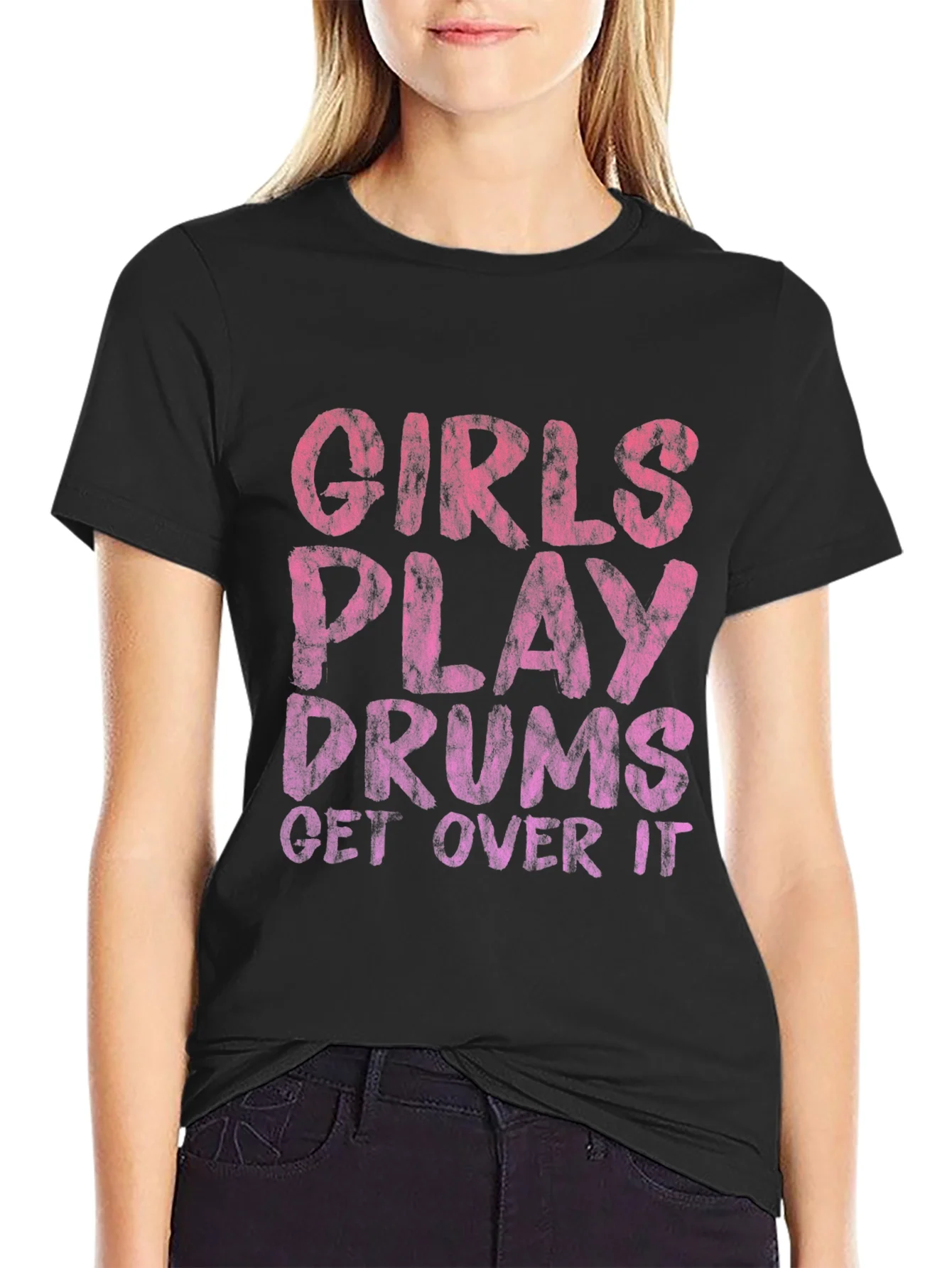 Camiseta Negra con Estampado Girls Play Drums