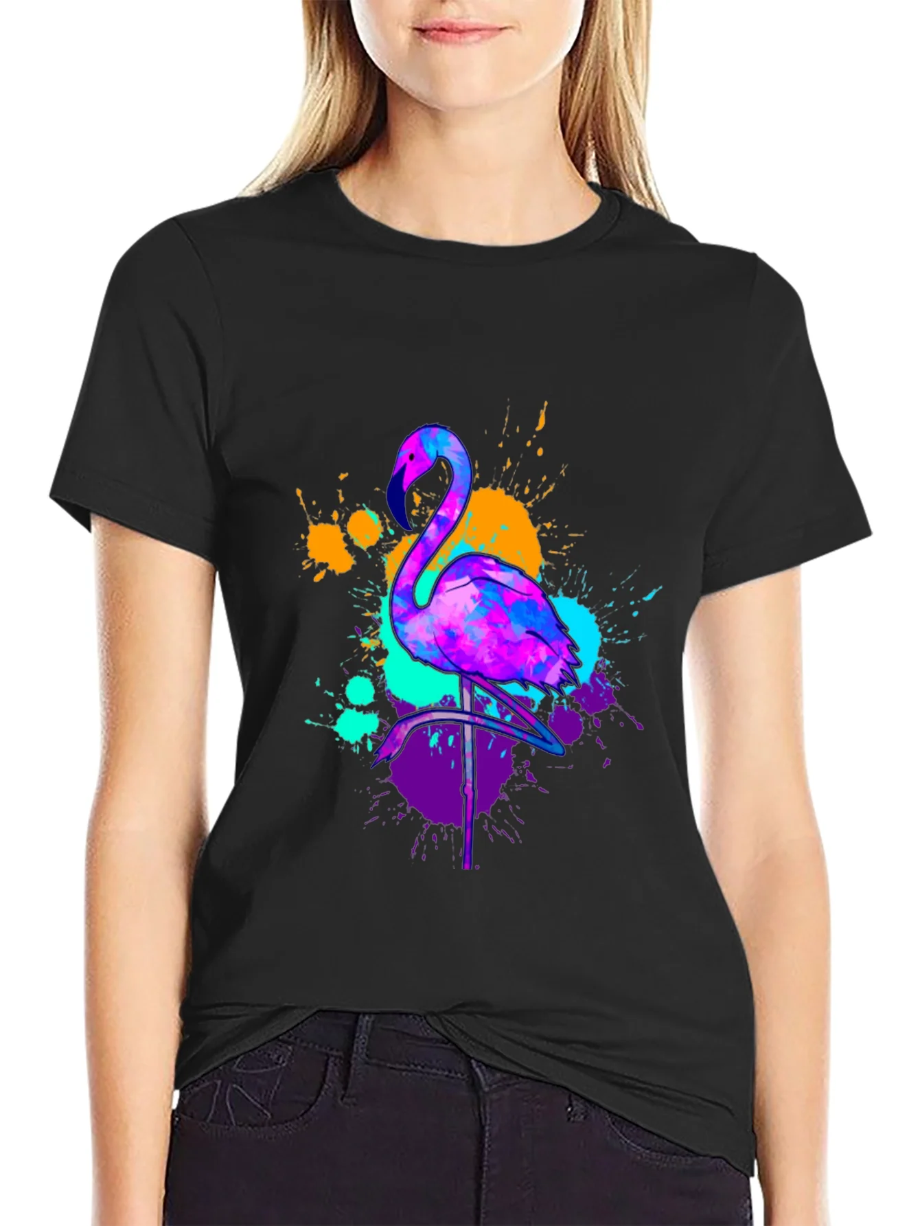 Camiseta Negra con Dise?o de Flamenco Ne¨®n