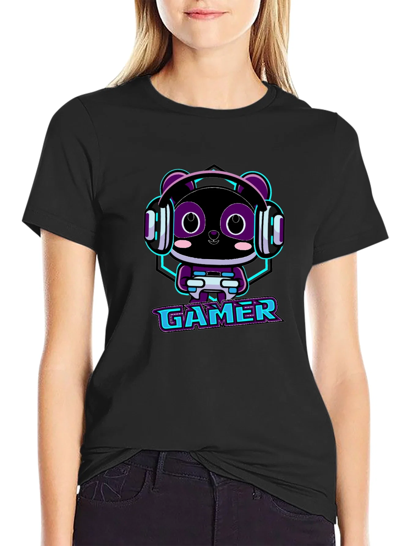 Rebbecca Gamer Panda Graphic T-Shirt - Black Cotton Tee