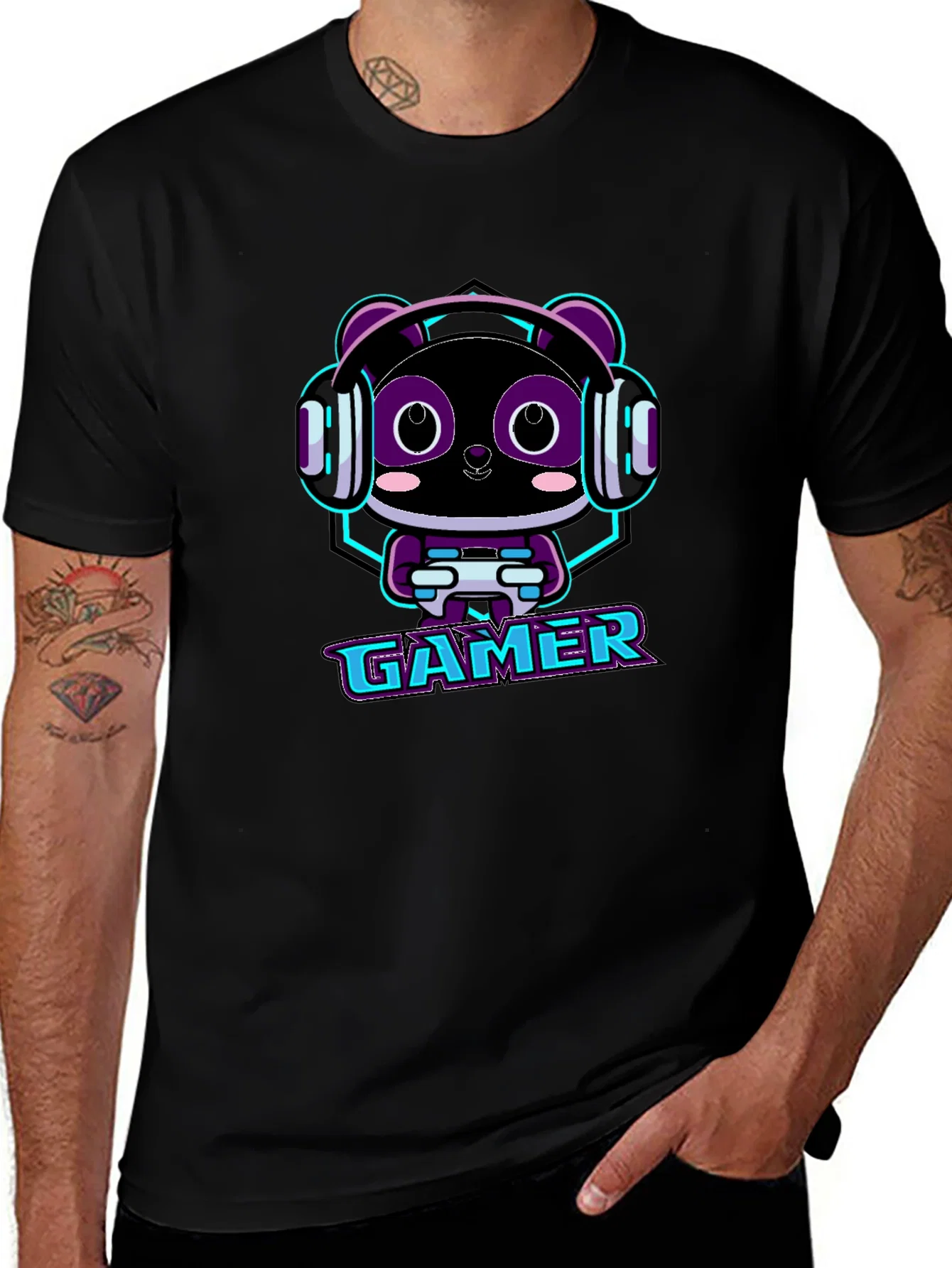 Rebbecca Gamer Panda Graphic T-Shirt - Black Cotton Tee