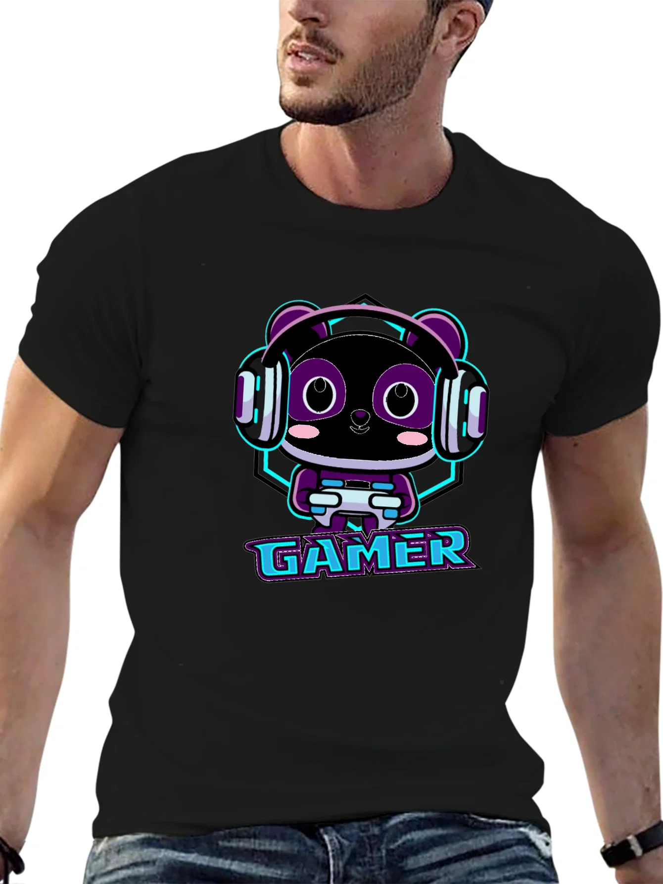 Rebbecca Gamer Panda Graphic T-Shirt - Black Cotton Tee