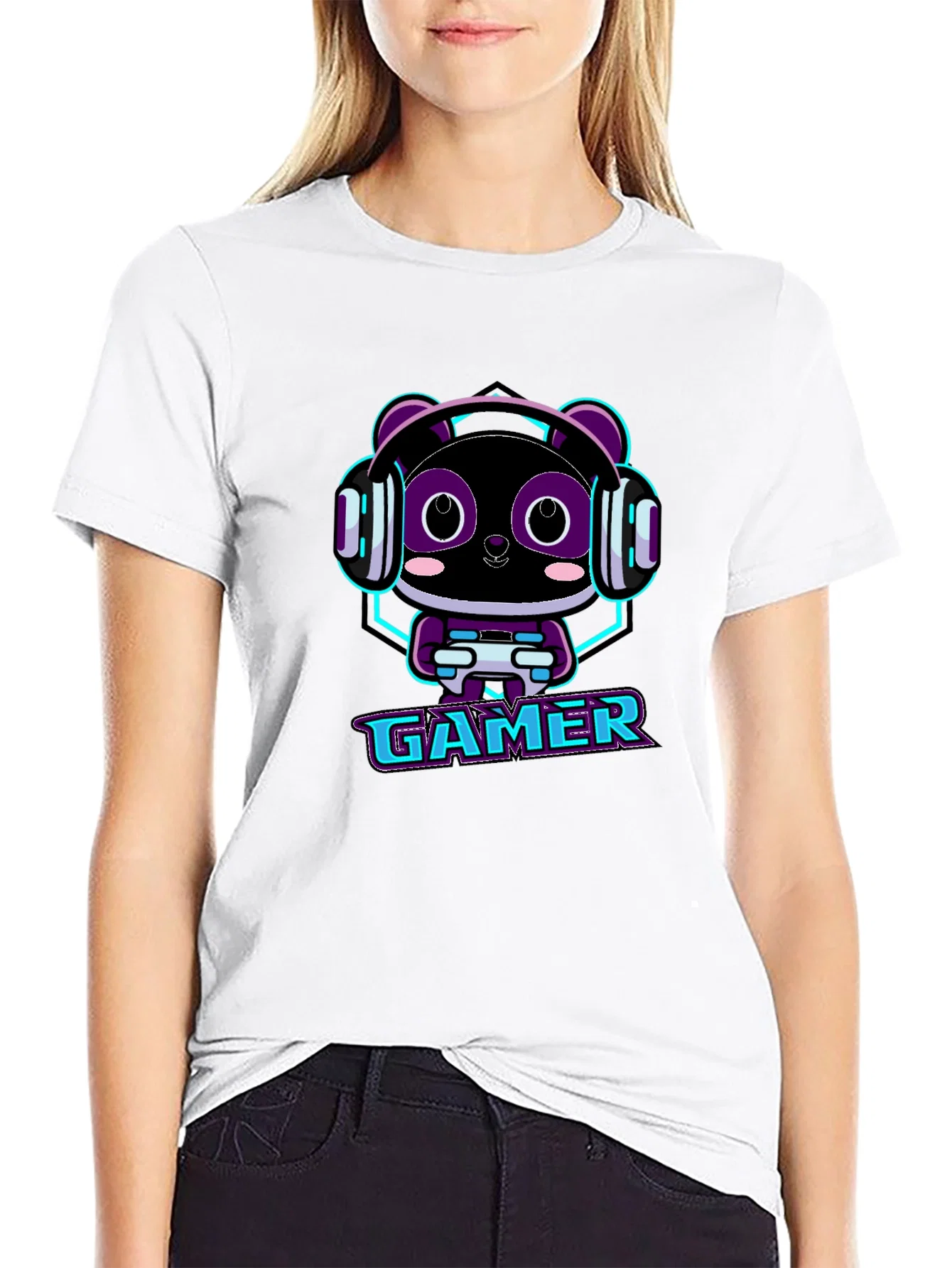 Rebbecca Gamer Panda Graphic T-Shirt - Black Cotton Tee