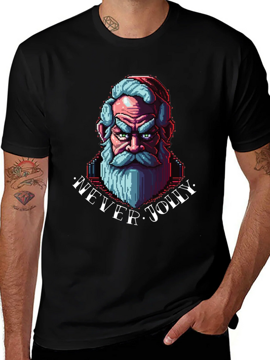 Rebbecca Never Jolly Santa Graphic Tee - Pixel Art Holiday Shirt